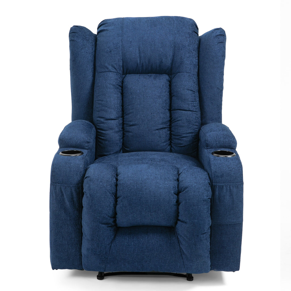 Fauteuil inclinable avec 5 modes de massage, chauffage et télécommande, deux porte-gobelets, inclinaison manuelle et poche de rangement latérale