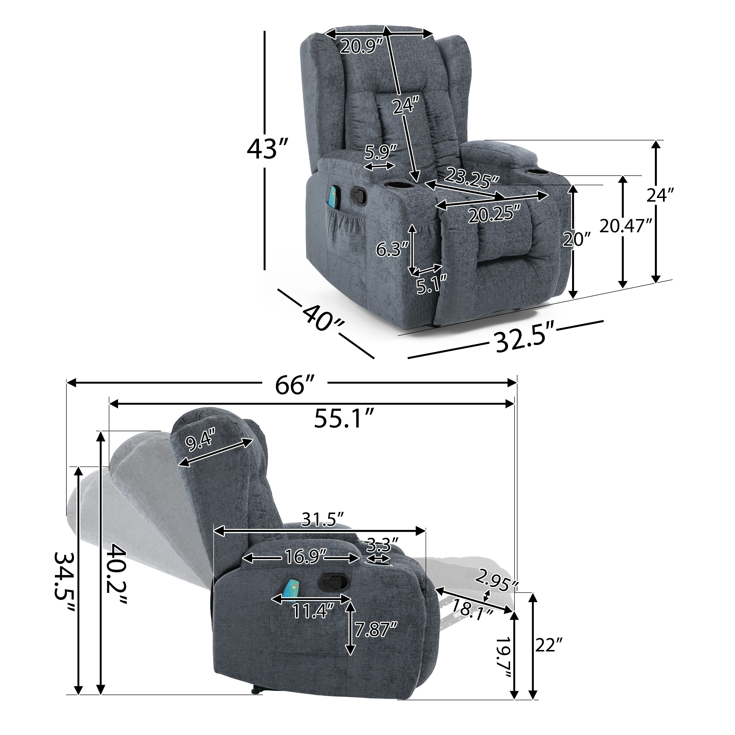 Fauteuil inclinable avec 5 modes de massage, chauffage et télécommande, deux porte-gobelets, inclinaison manuelle et poche de rangement latérale