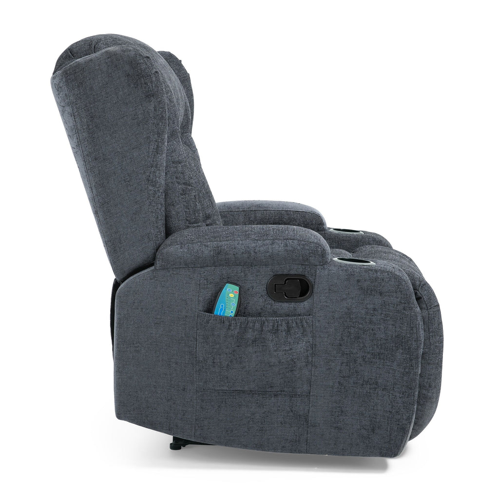 Fauteuil inclinable avec 5 modes de massage, chauffage et télécommande, deux porte-gobelets, inclinaison manuelle et poche de rangement latérale