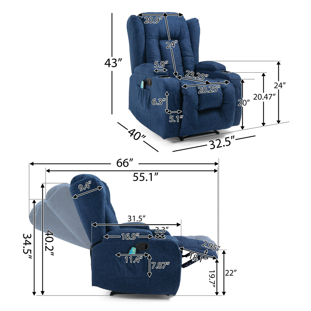 Fauteuil inclinable avec 5 modes de massage, chauffage et télécommande, deux porte-gobelets, inclinaison manuelle et poche de rangement latérale