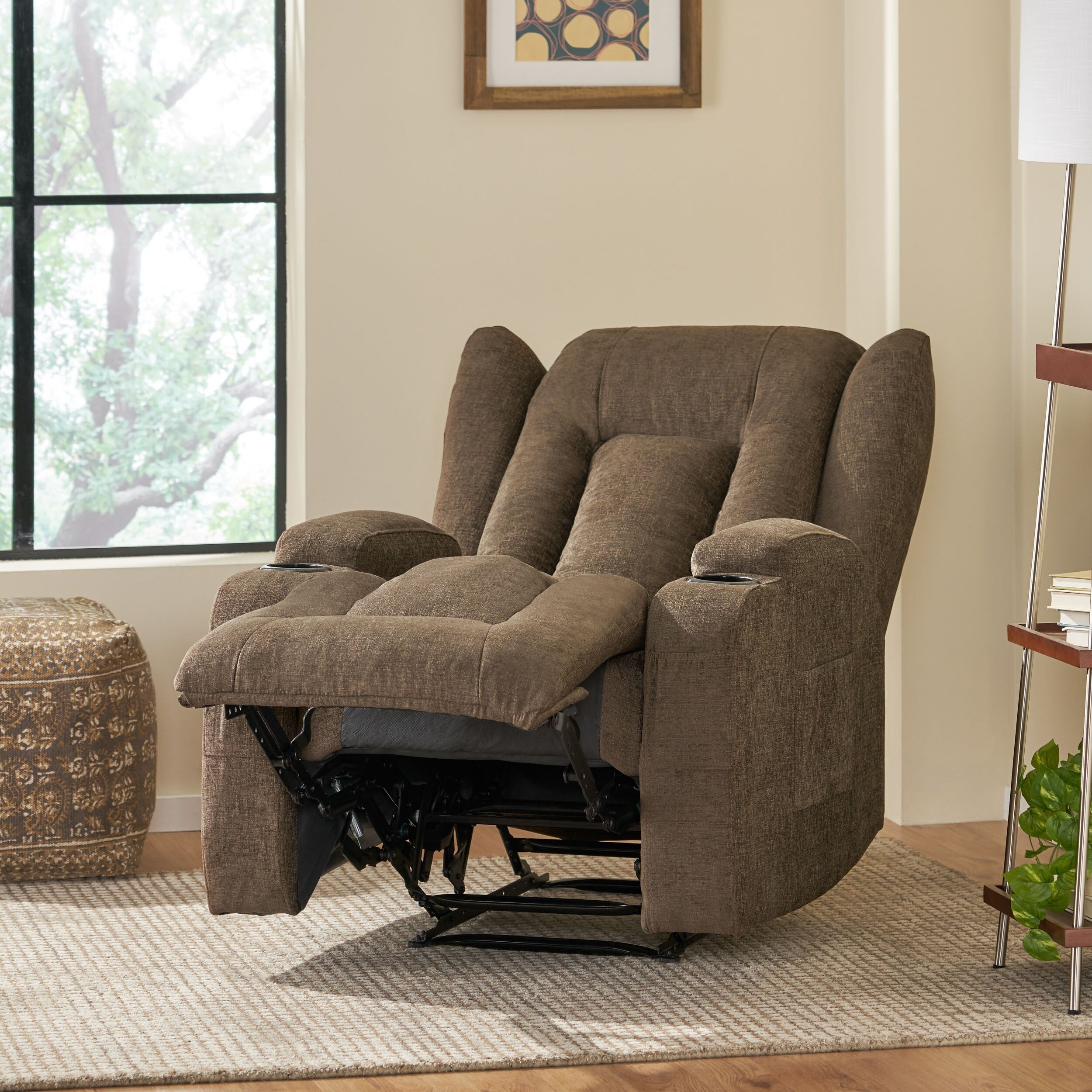 Fauteuil inclinable avec 5 modes de massage, chauffage et télécommande, deux porte-gobelets, inclinaison manuelle et poche de rangement latérale
