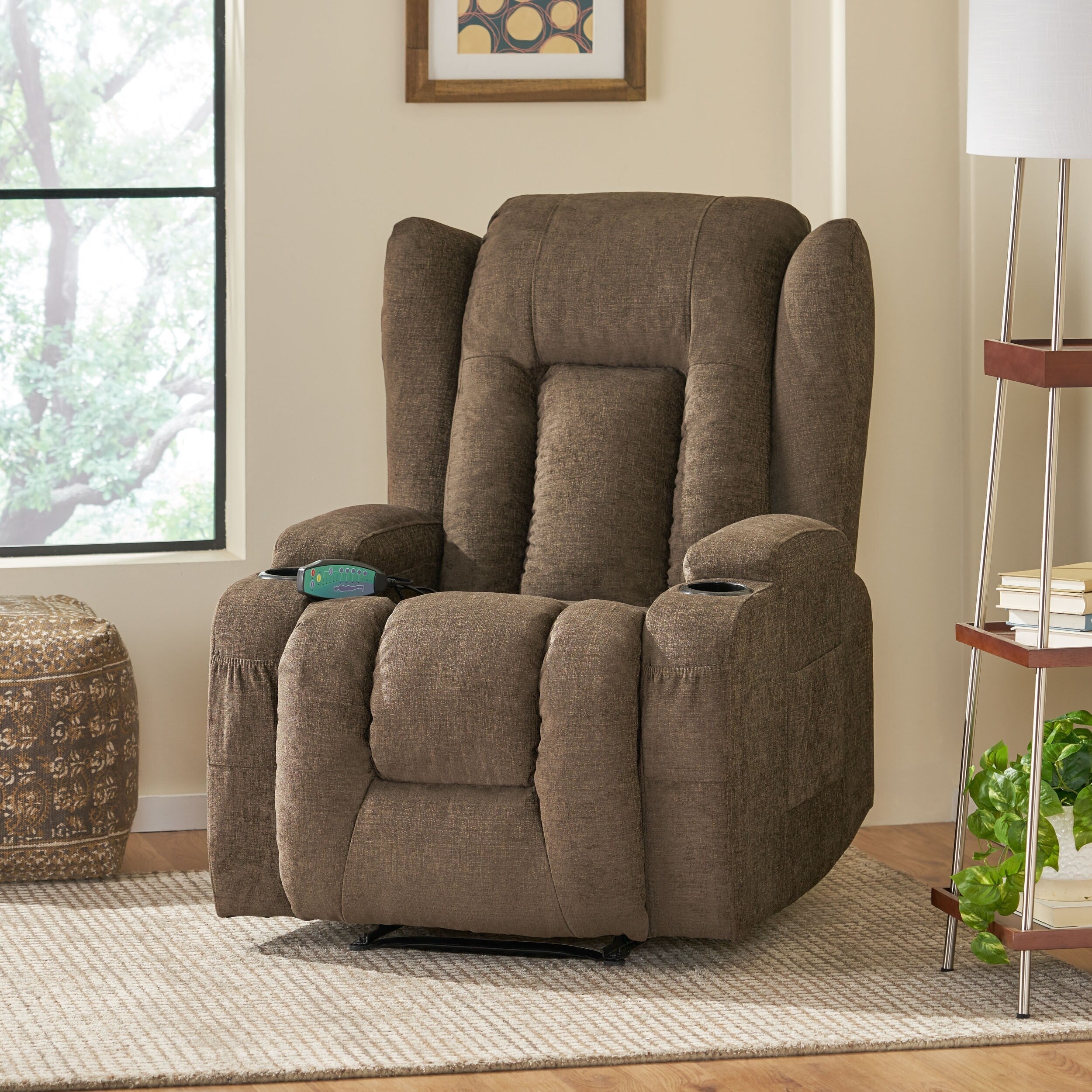 Fauteuil inclinable avec 5 modes de massage, chauffage et télécommande, deux porte-gobelets, inclinaison manuelle et poche de rangement latérale
