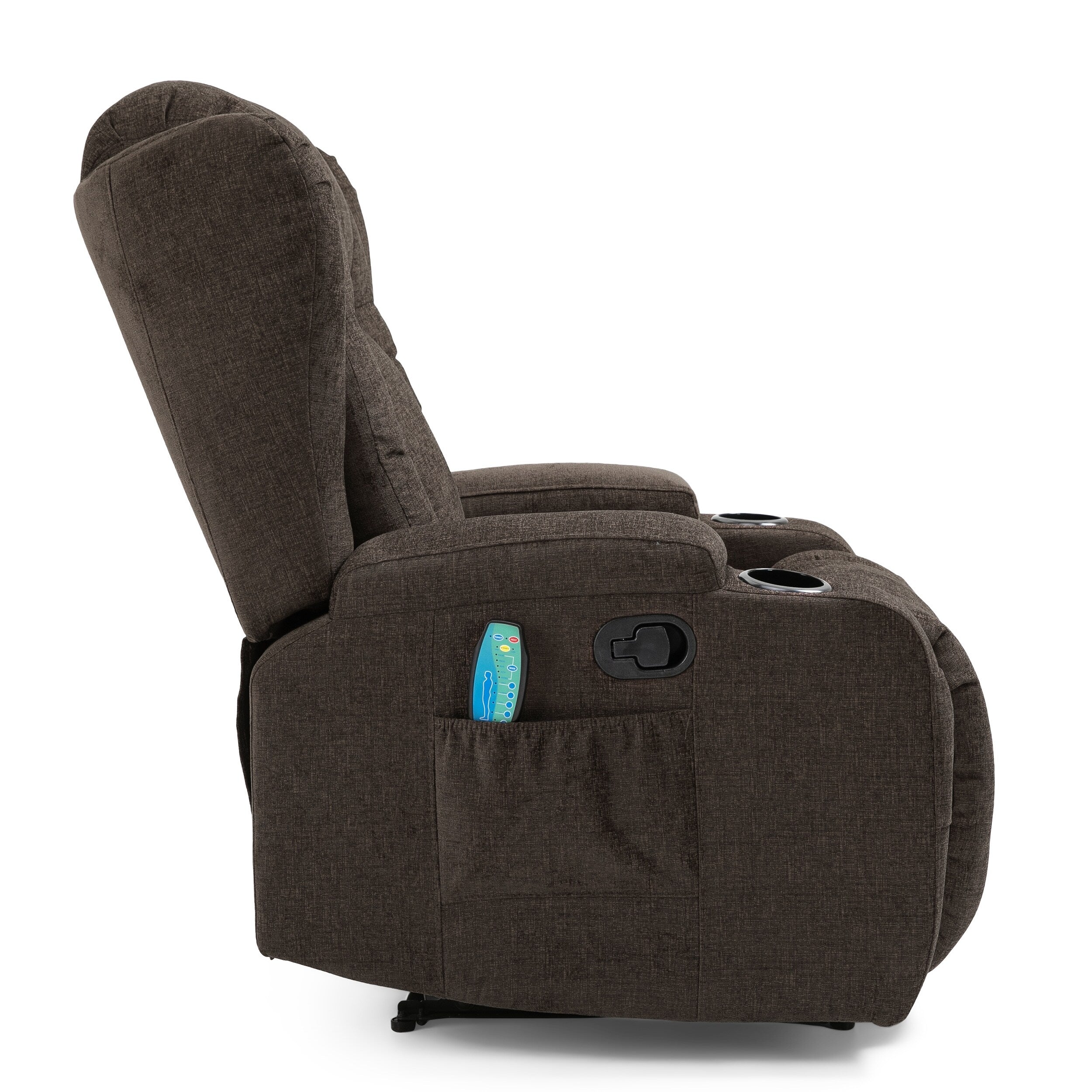 Fauteuil inclinable avec 5 modes de massage, chauffage et télécommande, deux porte-gobelets, inclinaison manuelle et poche de rangement latérale