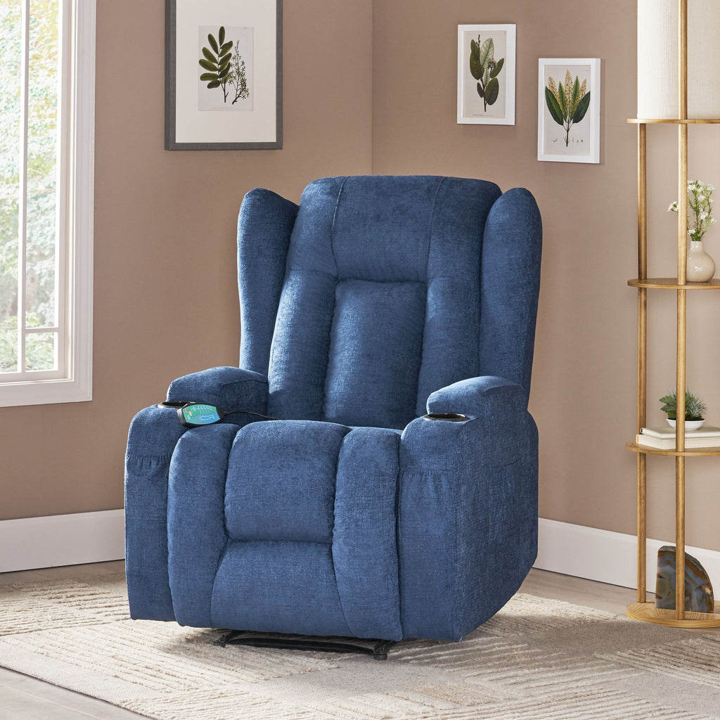 Fauteuil inclinable avec 5 modes de massage, chauffage et télécommande, deux porte-gobelets, inclinaison manuelle et poche de rangement latérale