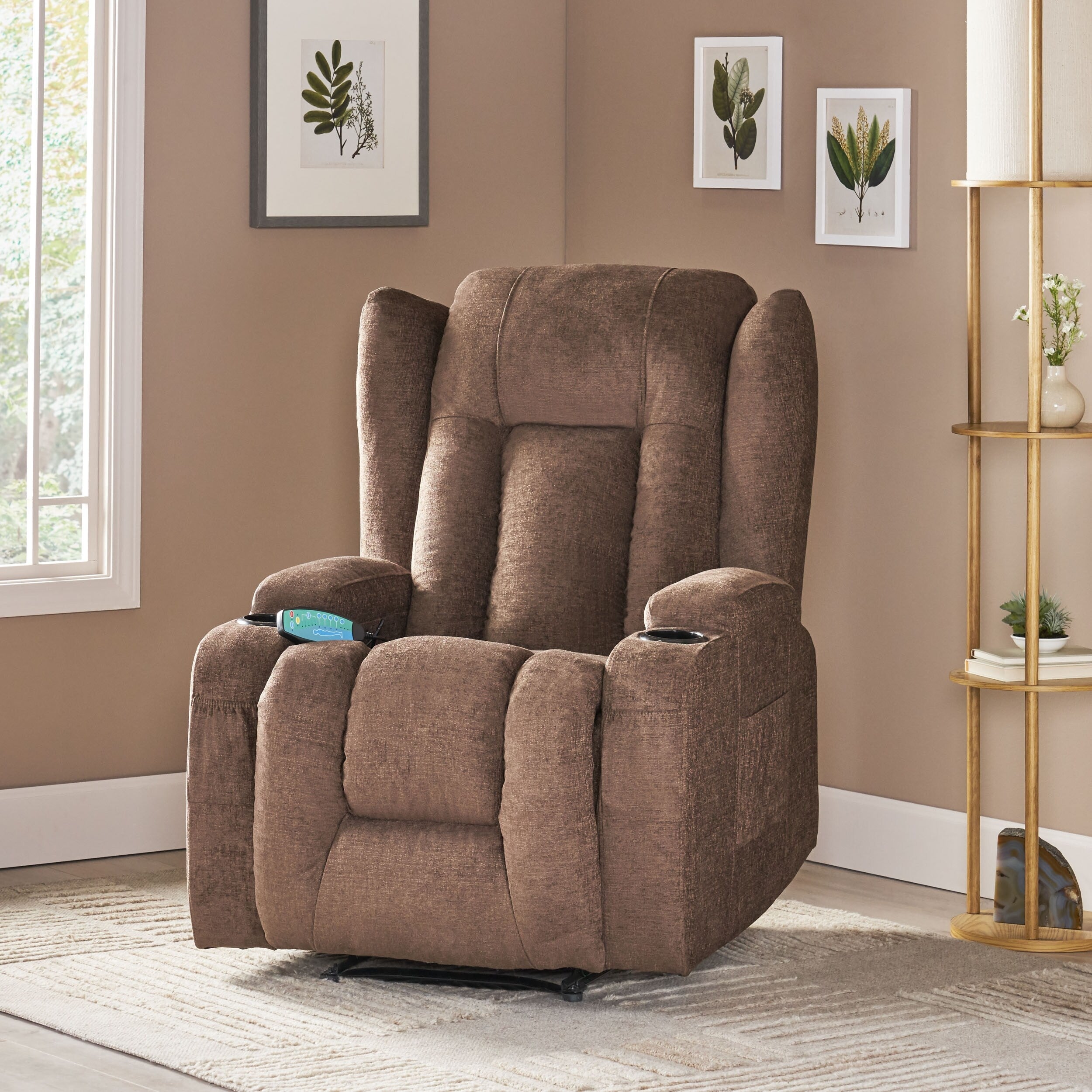 Fauteuil inclinable avec 5 modes de massage, chauffage et télécommande, deux porte-gobelets, inclinaison manuelle et poche de rangement latérale