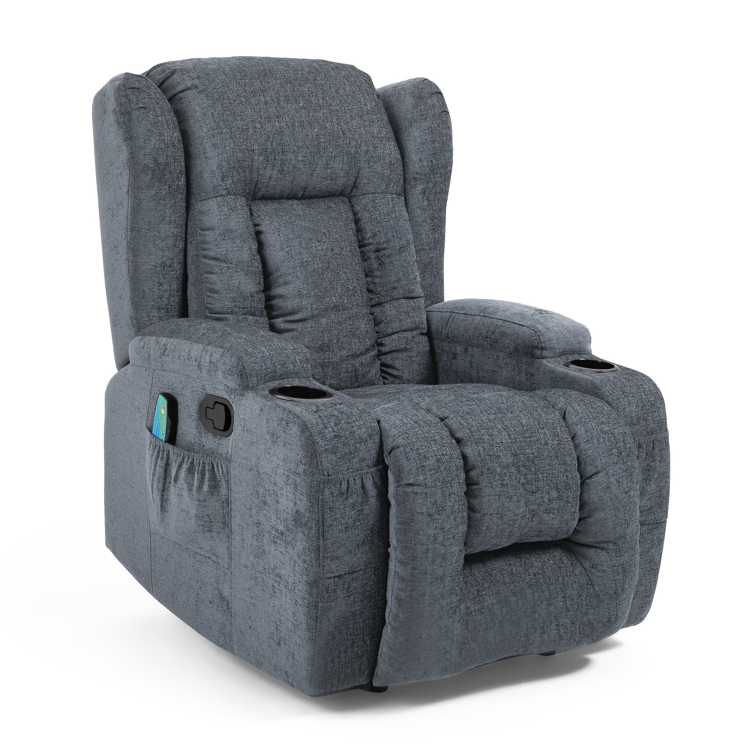 Fauteuil inclinable avec 5 modes de massage, chauffage et télécommande, deux porte-gobelets, inclinaison manuelle et poche de rangement latérale