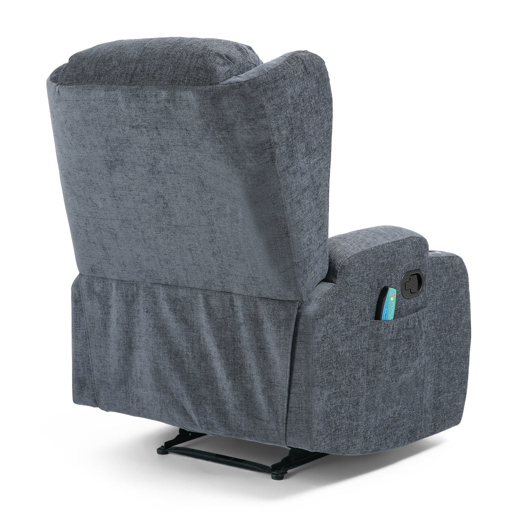 Fauteuil inclinable avec 5 modes de massage, chauffage et télécommande, deux porte-gobelets, inclinaison manuelle et poche de rangement latérale