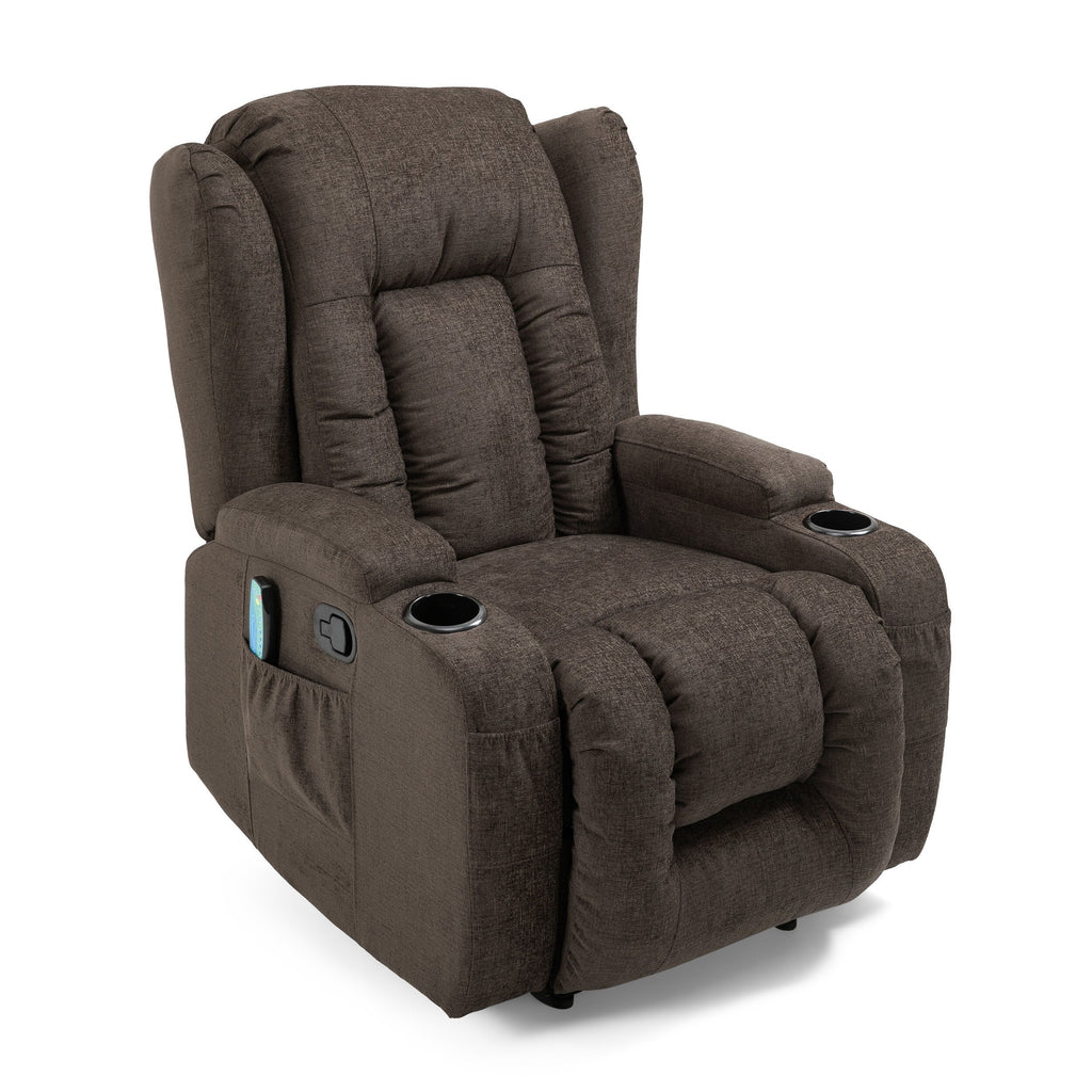 Fauteuil inclinable avec 5 modes de massage, chauffage et télécommande, deux porte-gobelets, inclinaison manuelle et poche de rangement latérale