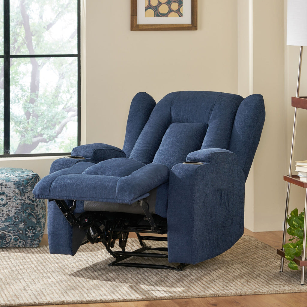 Fauteuil inclinable avec 5 modes de massage, chauffage et télécommande, deux porte-gobelets, inclinaison manuelle et poche de rangement latérale
