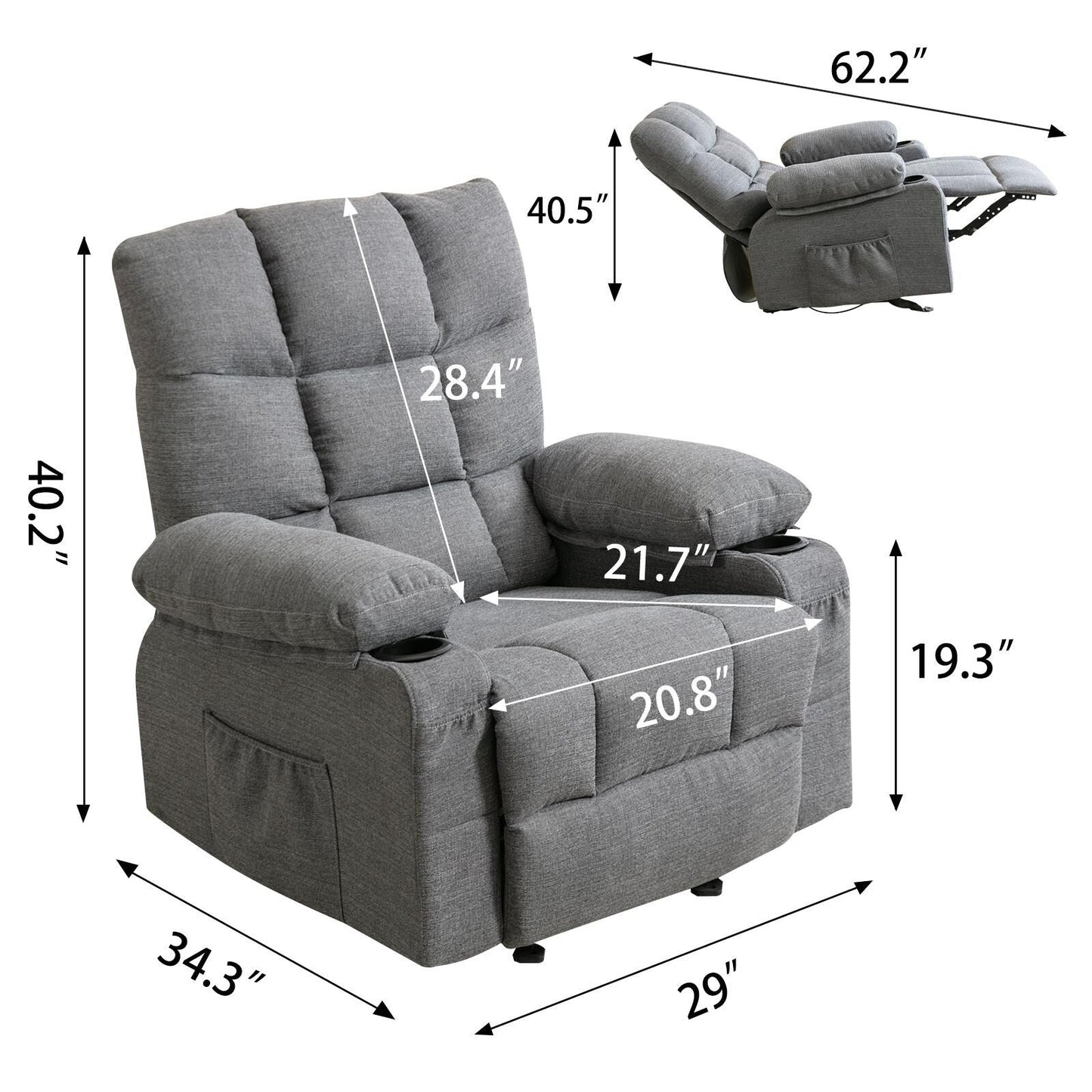 Fauteuil inclinable avec massage chauffant, ports USB, poches latérales et deux porte-gobelets pour la détente