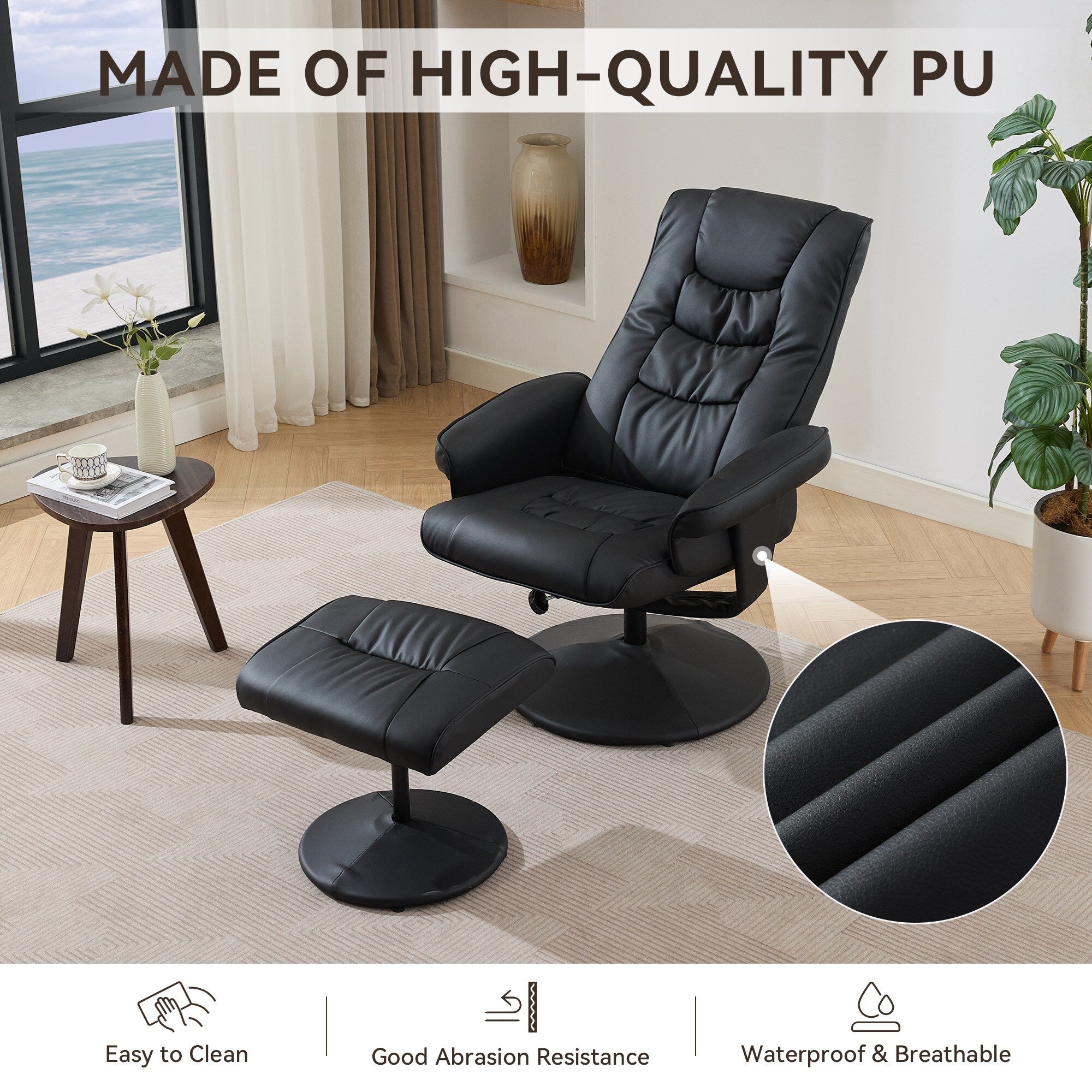 Fauteuil inclinable avec ottoman - Fauteuil de massage pivotant à 360° avec vibration à 5 points et siège chauffant, inclinable en PU réglable à 140°