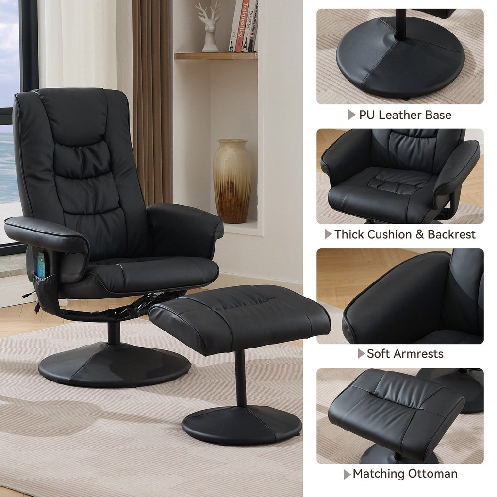 Fauteuil inclinable avec ottoman - Fauteuil de massage pivotant à 360° avec vibration à 5 points et siège chauffant, inclinable en PU réglable à 140°