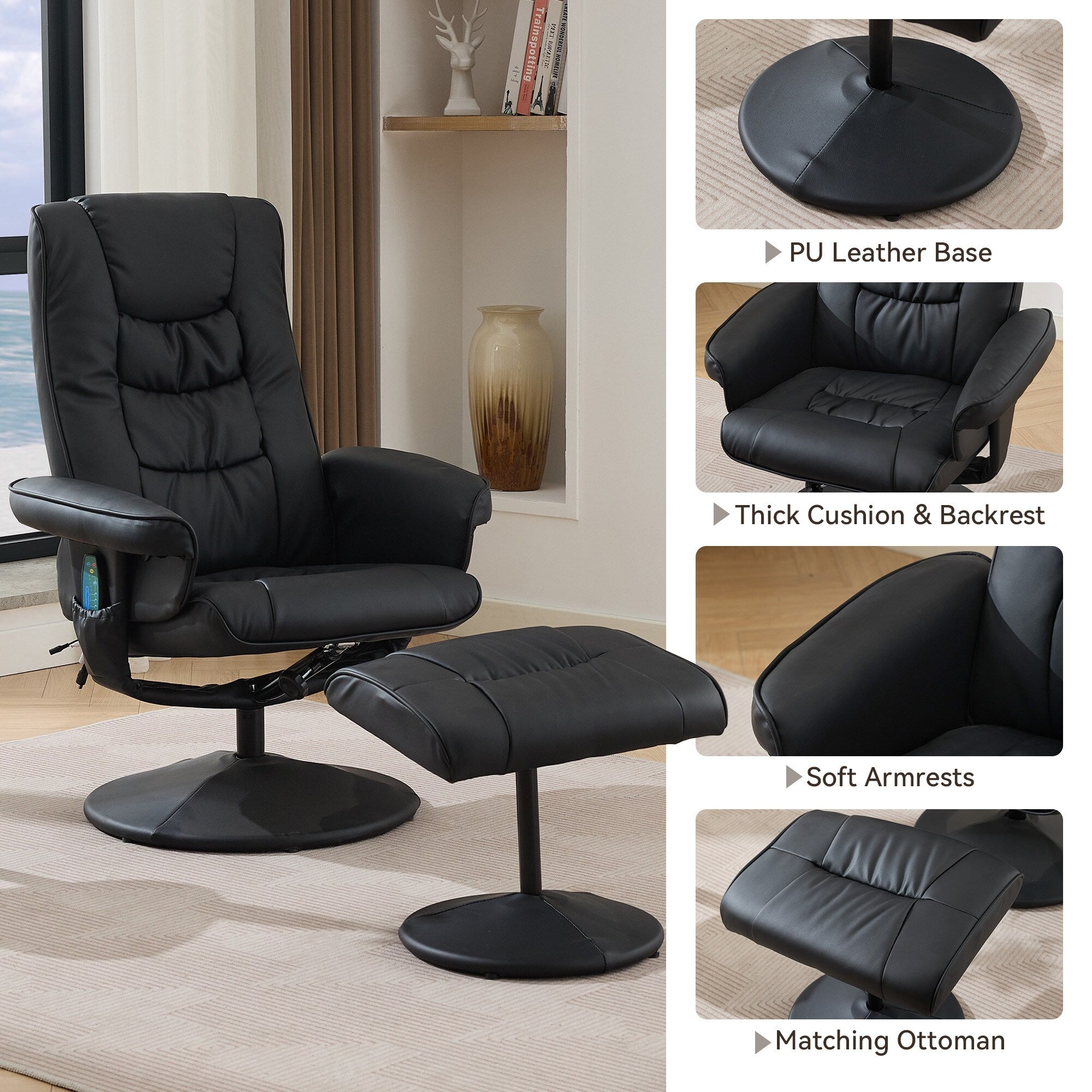 Fauteuil inclinable avec ottoman - Fauteuil de massage pivotant à 360° avec vibration à 5 points et siège chauffant, inclinable en PU réglable à 140°