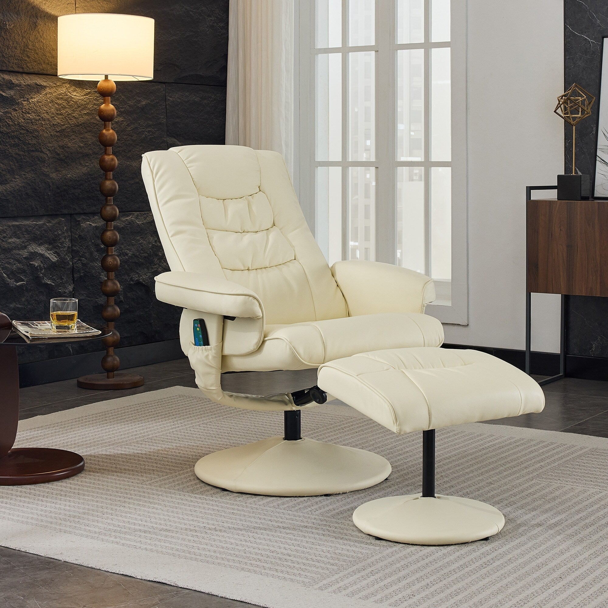 Fauteuil inclinable avec ottoman - Fauteuil de massage pivotant à 360° avec vibration à 5 points et siège chauffant, inclinable en PU réglable à 140°