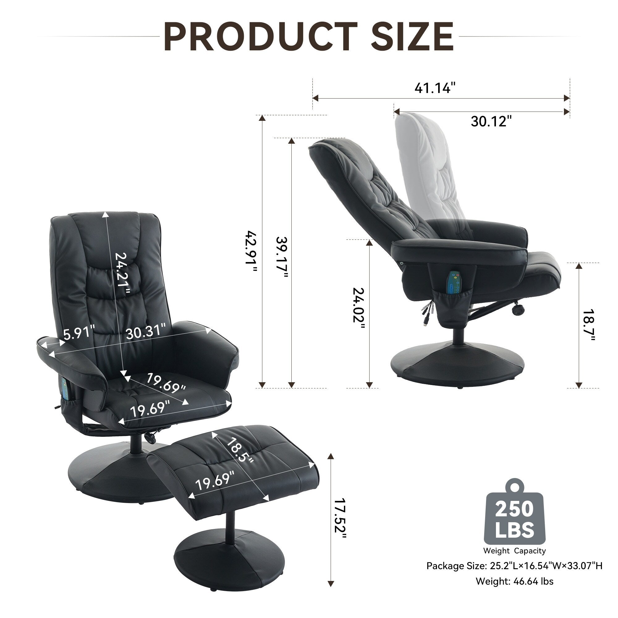 Fauteuil inclinable avec ottoman - Fauteuil de massage pivotant à 360° avec vibration à 5 points et siège chauffant, inclinable en PU réglable à 140°