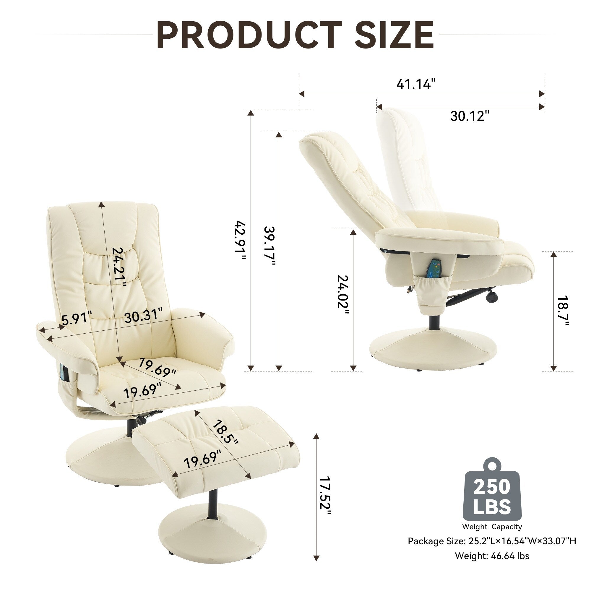 Fauteuil inclinable avec ottoman - Fauteuil de massage pivotant à 360° avec vibration à 5 points et siège chauffant, inclinable en PU réglable à 140°