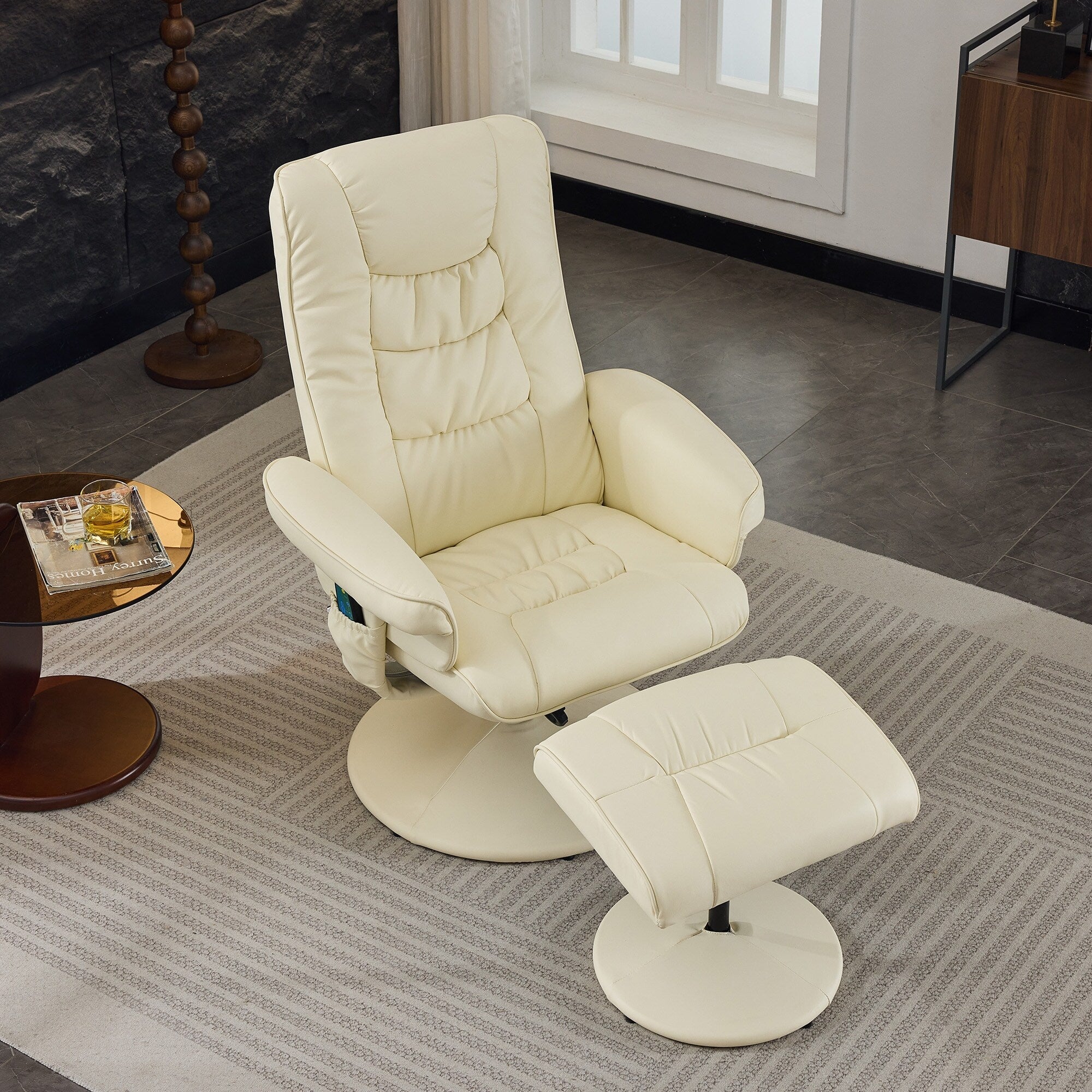 Fauteuil inclinable avec ottoman - Fauteuil de massage pivotant à 360° avec vibration à 5 points et siège chauffant, inclinable en PU réglable à 140°