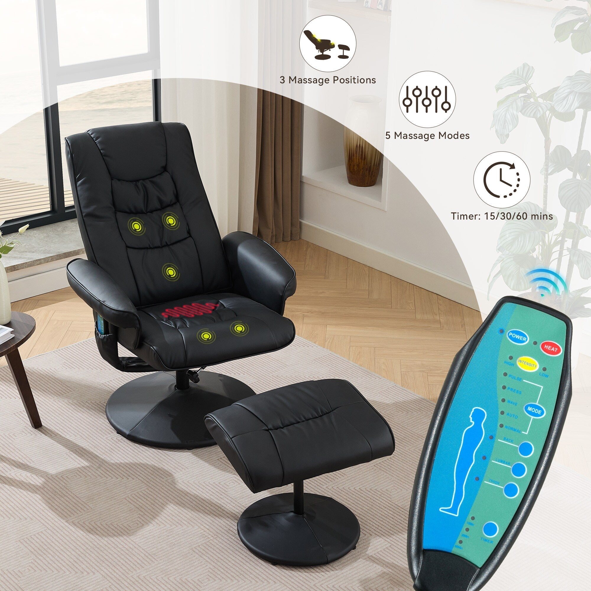 Fauteuil inclinable avec ottoman - Fauteuil de massage pivotant à 360° avec vibration à 5 points et siège chauffant, inclinable en PU réglable à 140°