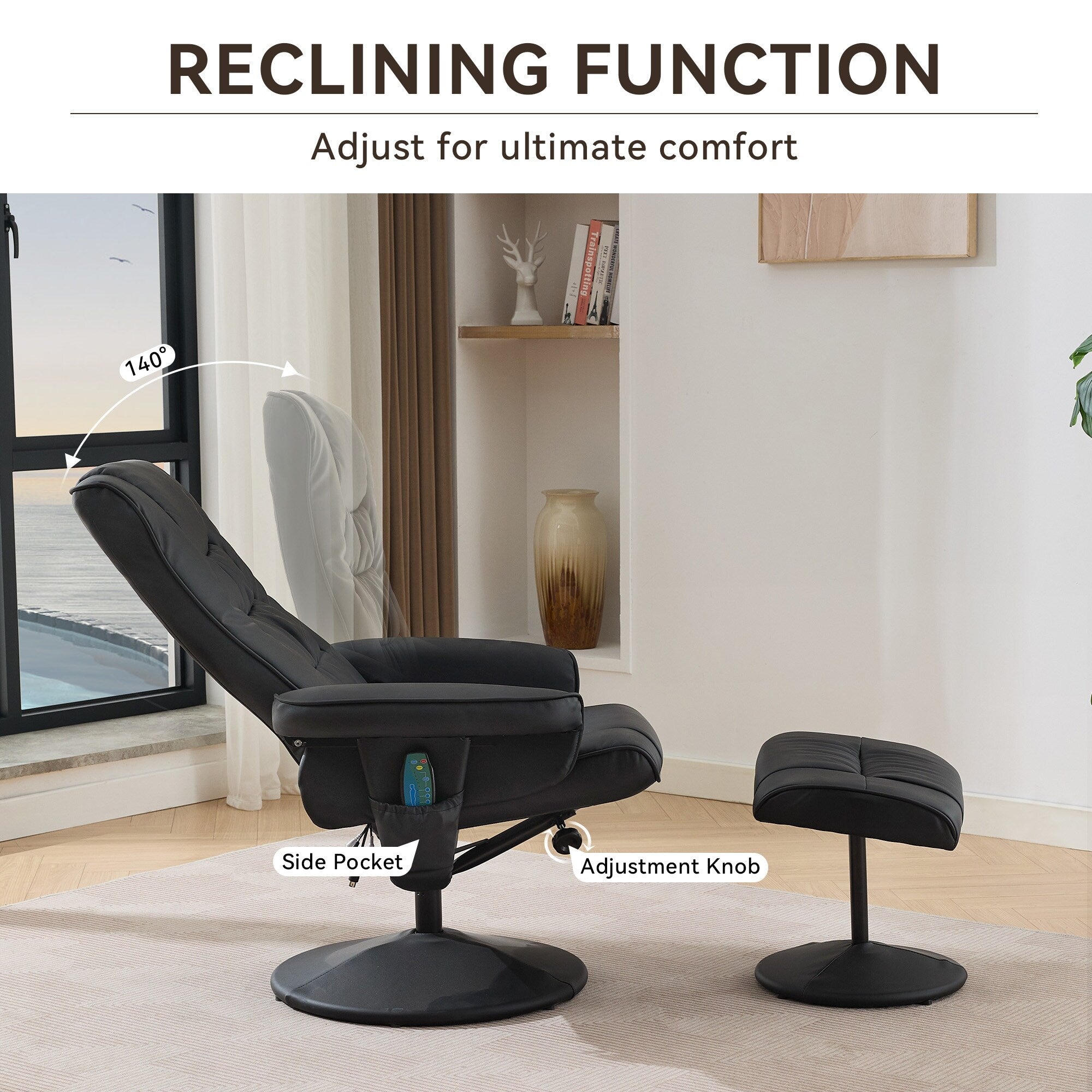Fauteuil inclinable avec ottoman - Fauteuil de massage pivotant à 360° avec vibration à 5 points et siège chauffant, inclinable en PU réglable à 140°