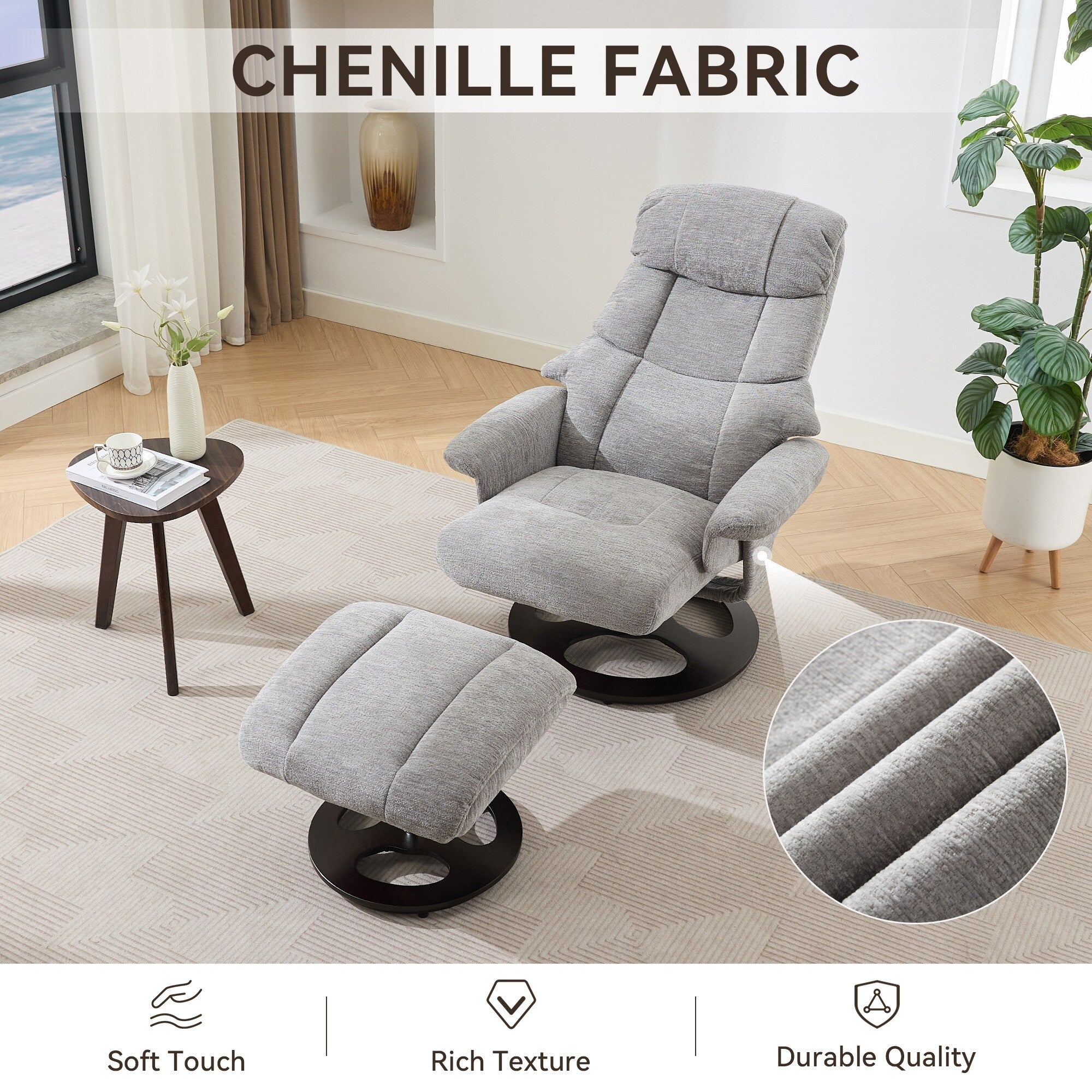 Fauteuil inclinable avec repose-pieds, pivotant à 360°, tissu chenille, siège chauffant et dossier réglable à 140°