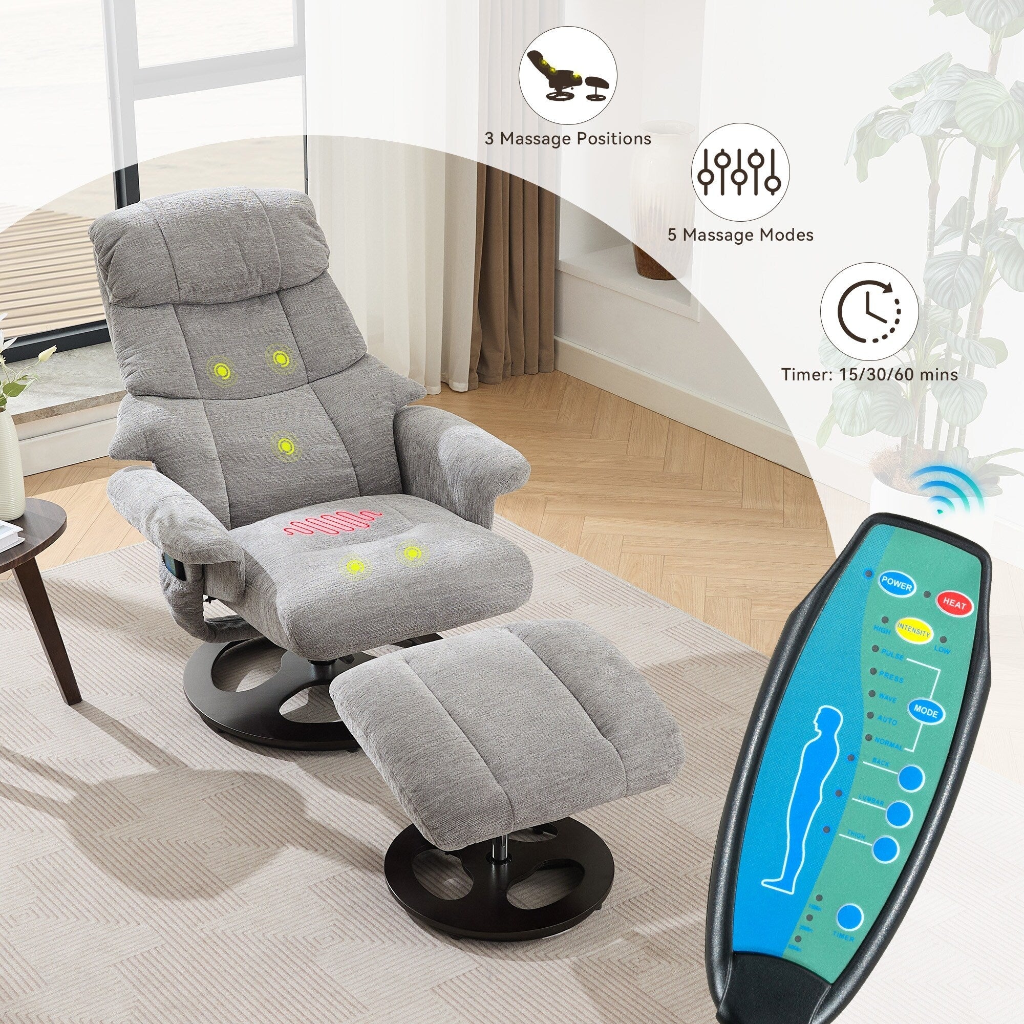Fauteuil inclinable avec repose-pieds, pivotant à 360°, tissu chenille, siège chauffant et dossier réglable à 140°