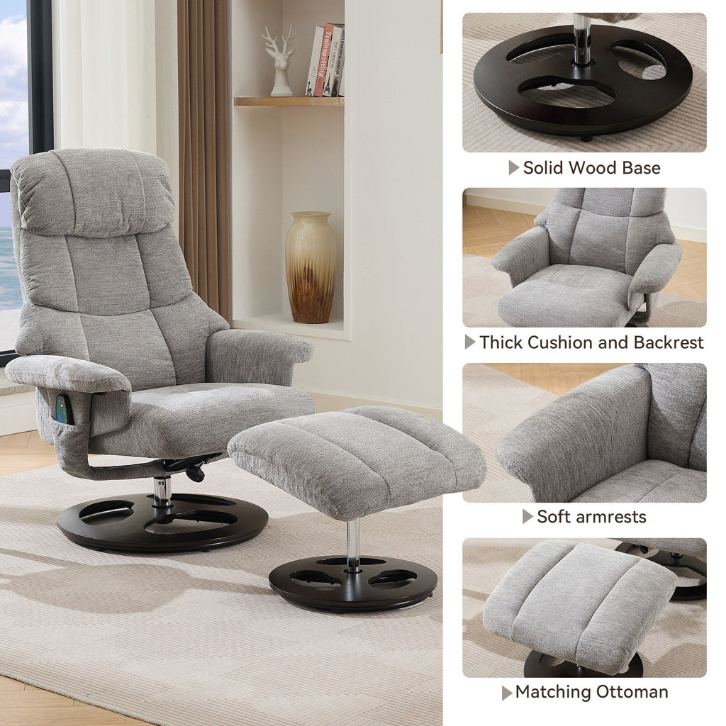 Fauteuil inclinable avec repose-pieds, pivotant à 360°, tissu chenille, siège chauffant et dossier réglable à 140°