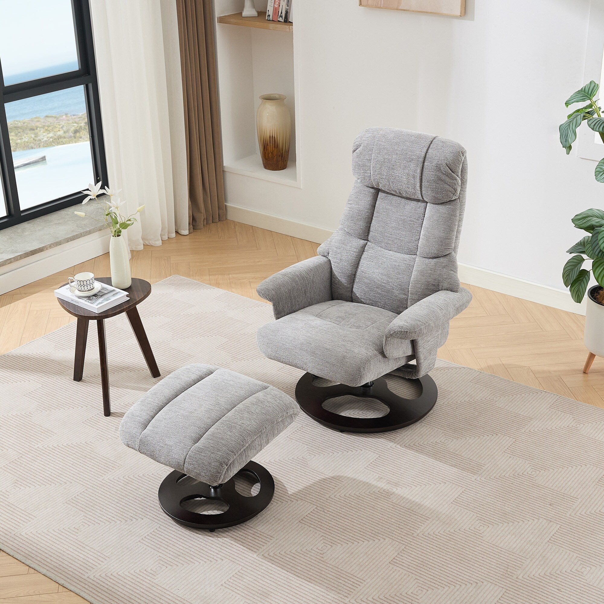Fauteuil inclinable avec repose-pieds, pivotant à 360°, tissu chenille, siège chauffant et dossier réglable à 140°
