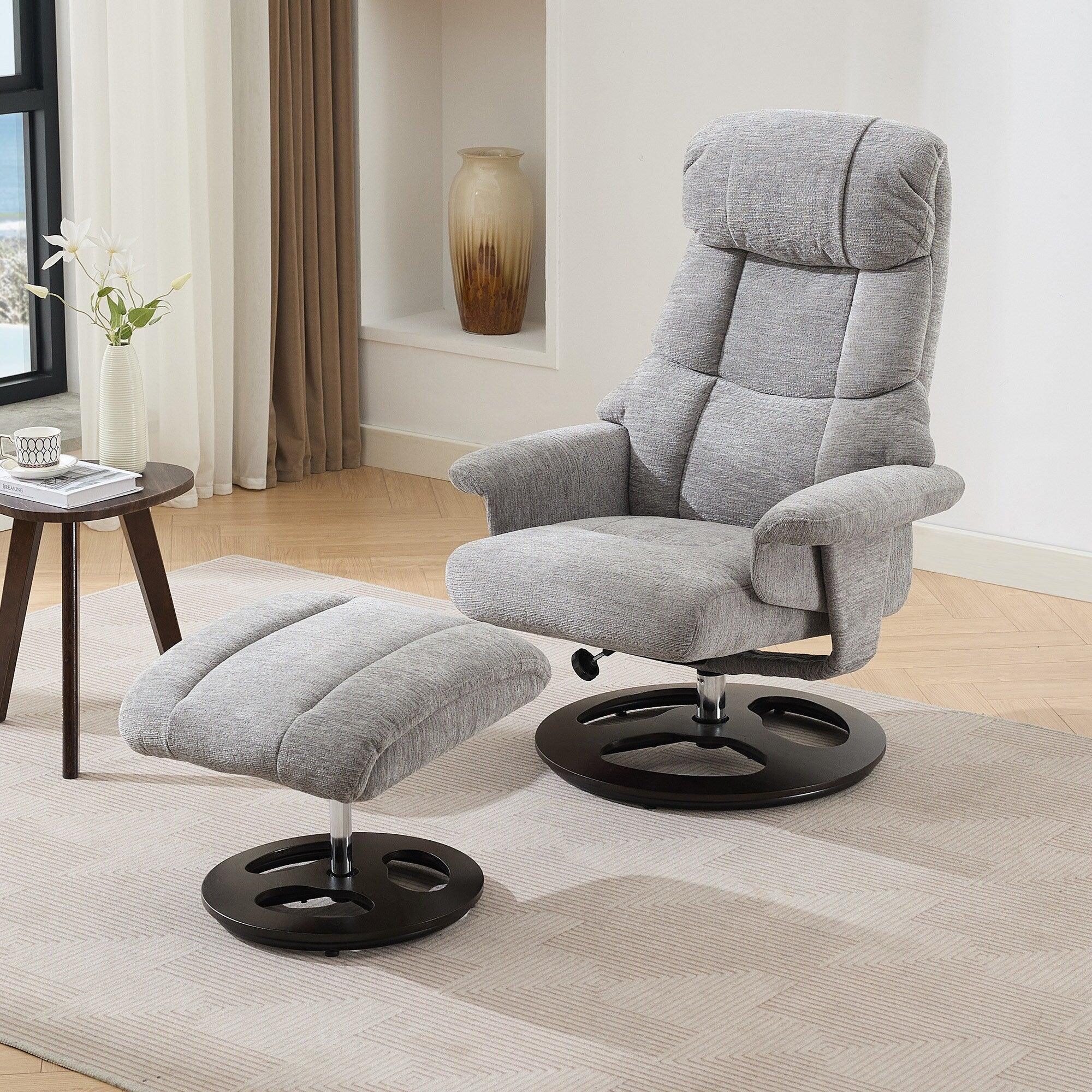 Fauteuil inclinable avec repose-pieds, pivotant à 360°, tissu chenille, siège chauffant et dossier réglable à 140°