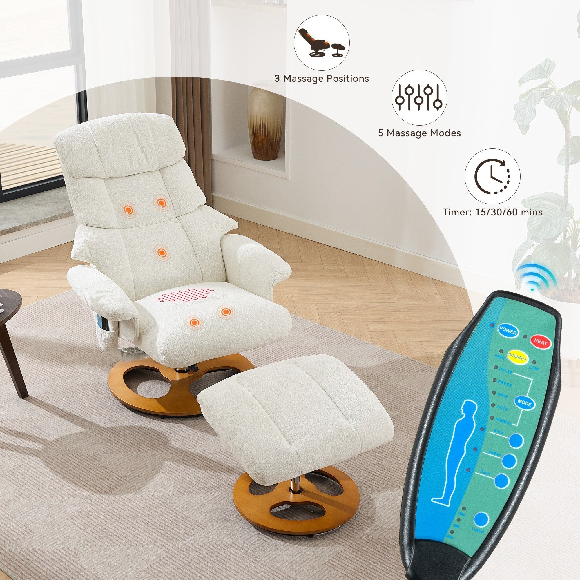 Fauteuil inclinable avec repose-pieds, pivotant à 360°, tissu chenille, siège chauffant et dossier réglable à 140°
