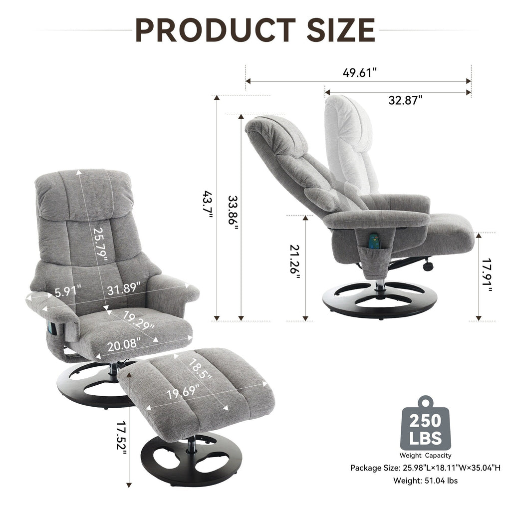 Fauteuil inclinable avec repose-pieds, pivotant à 360°, tissu chenille, siège chauffant et dossier réglable à 140°