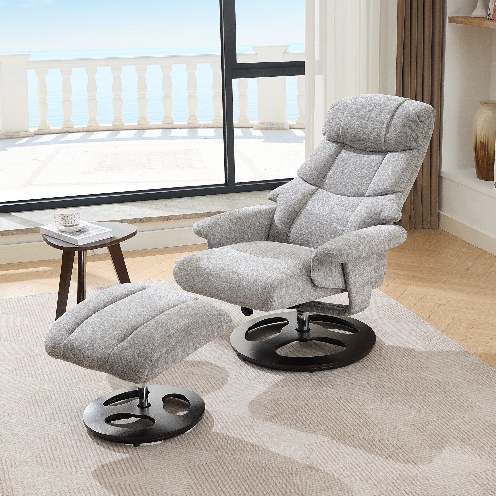 Fauteuil inclinable avec repose-pieds, pivotant à 360°, tissu chenille, siège chauffant et dossier réglable à 140°
