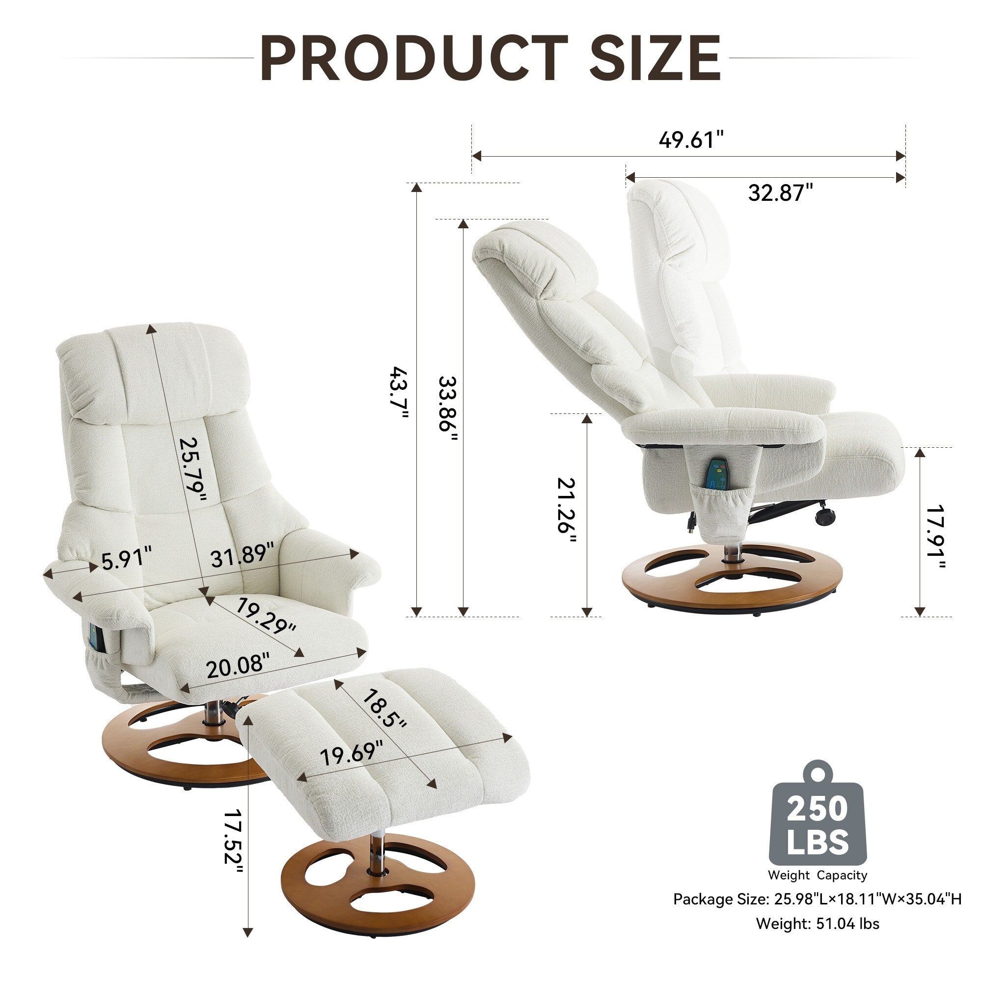 Fauteuil inclinable avec repose-pieds, pivotant à 360°, tissu chenille, siège chauffant et dossier réglable à 140°