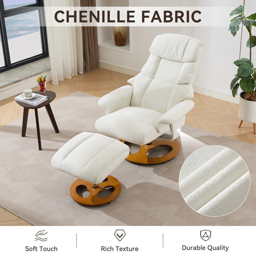 Fauteuil inclinable avec repose-pieds, pivotant à 360°, tissu chenille, siège chauffant et dossier réglable à 140°