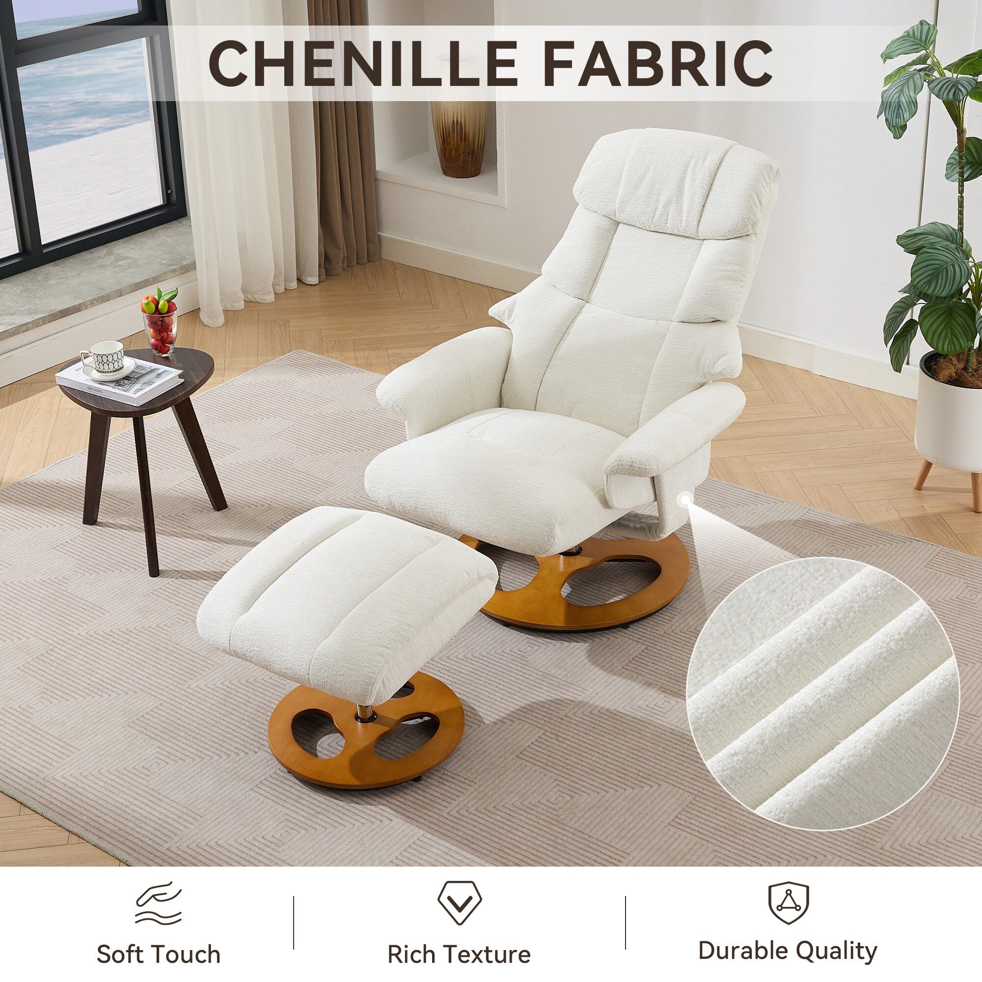 Fauteuil inclinable avec repose-pieds, pivotant à 360°, tissu chenille, siège chauffant et dossier réglable à 140°