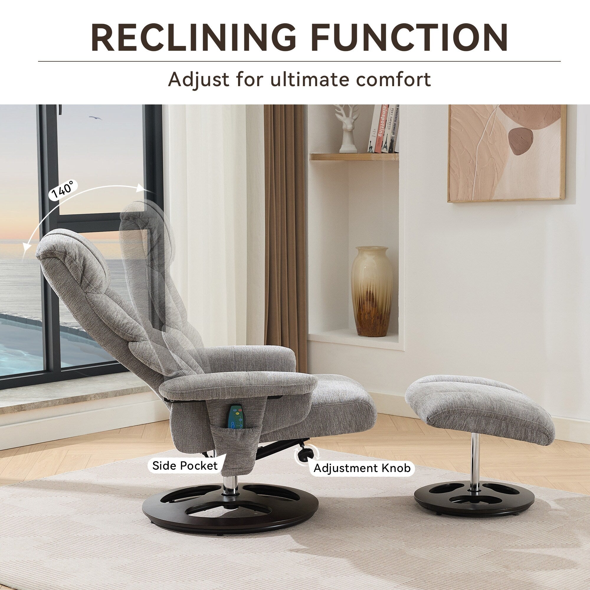 Fauteuil inclinable avec repose-pieds, pivotant à 360°, tissu chenille, siège chauffant et dossier réglable à 140°