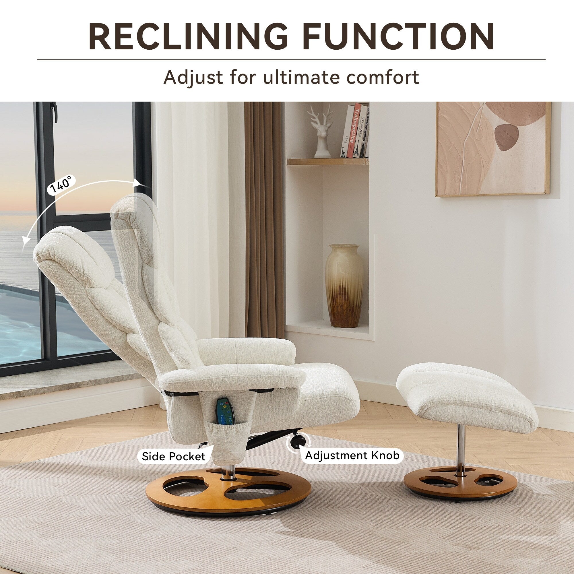 Fauteuil inclinable avec repose-pieds, pivotant à 360°, tissu chenille, siège chauffant et dossier réglable à 140°