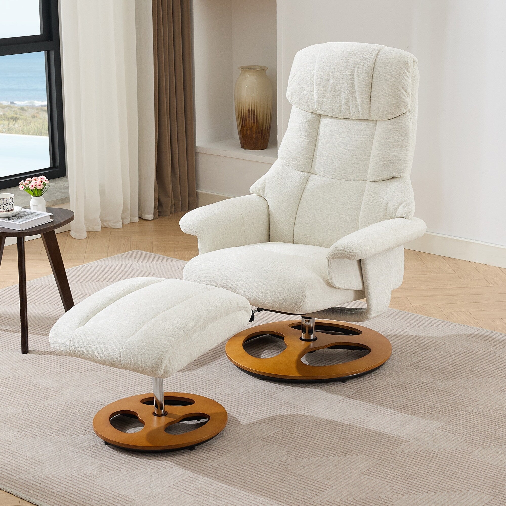 Fauteuil inclinable avec repose-pieds, pivotant à 360°, tissu chenille, siège chauffant et dossier réglable à 140°