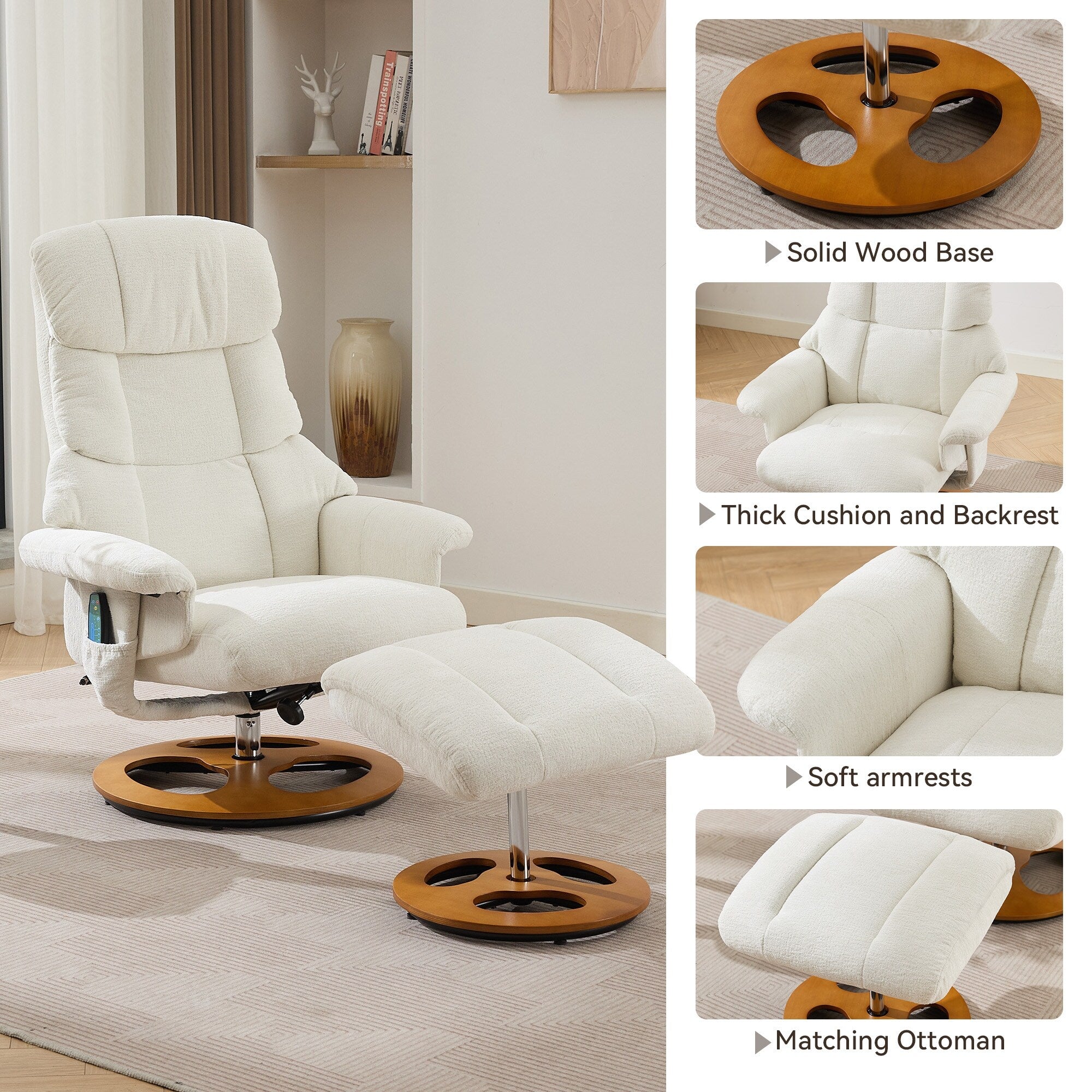 Fauteuil inclinable avec repose-pieds, pivotant à 360°, tissu chenille, siège chauffant et dossier réglable à 140°
