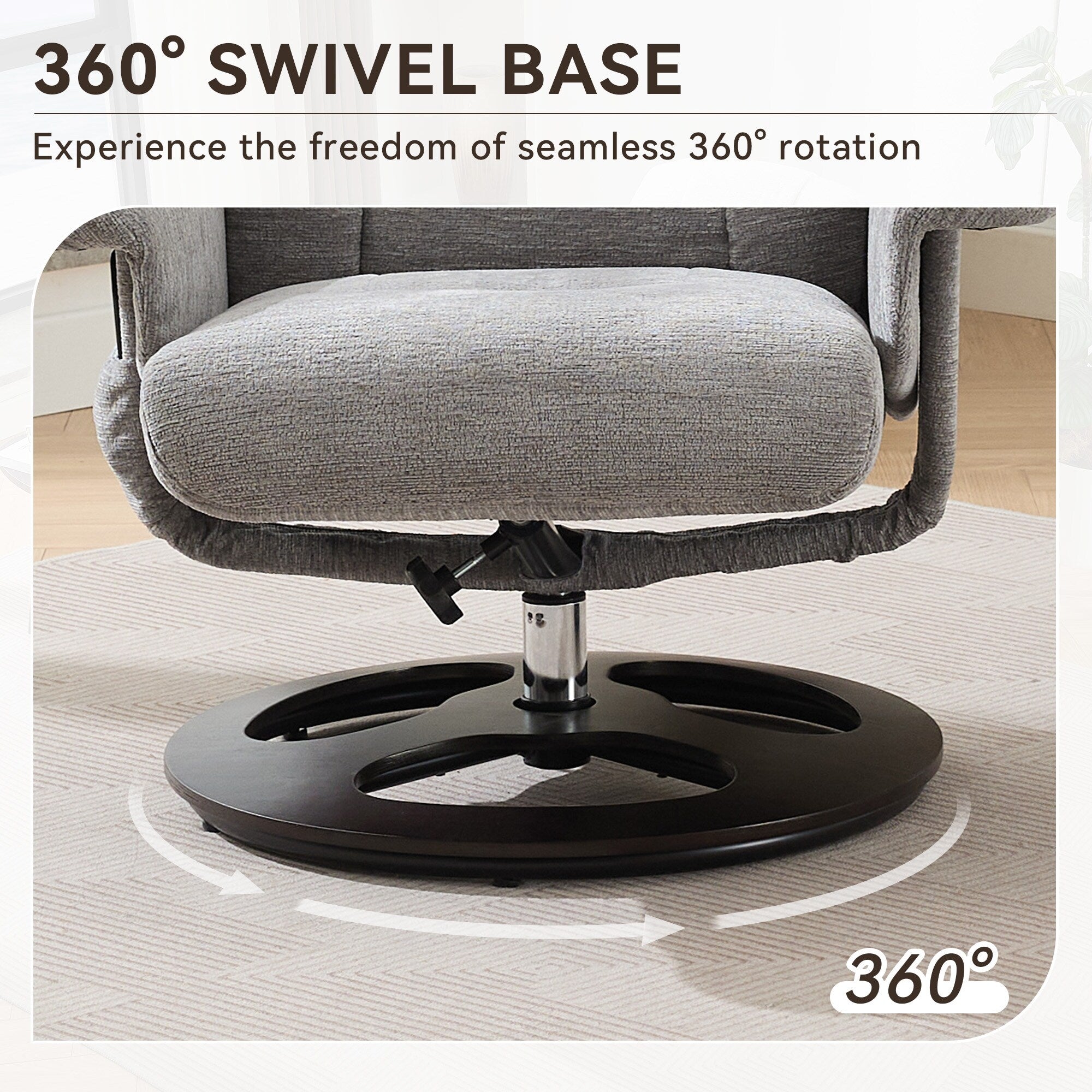 Fauteuil inclinable avec repose-pieds, pivotant à 360°, tissu chenille, siège chauffant et dossier réglable à 140°