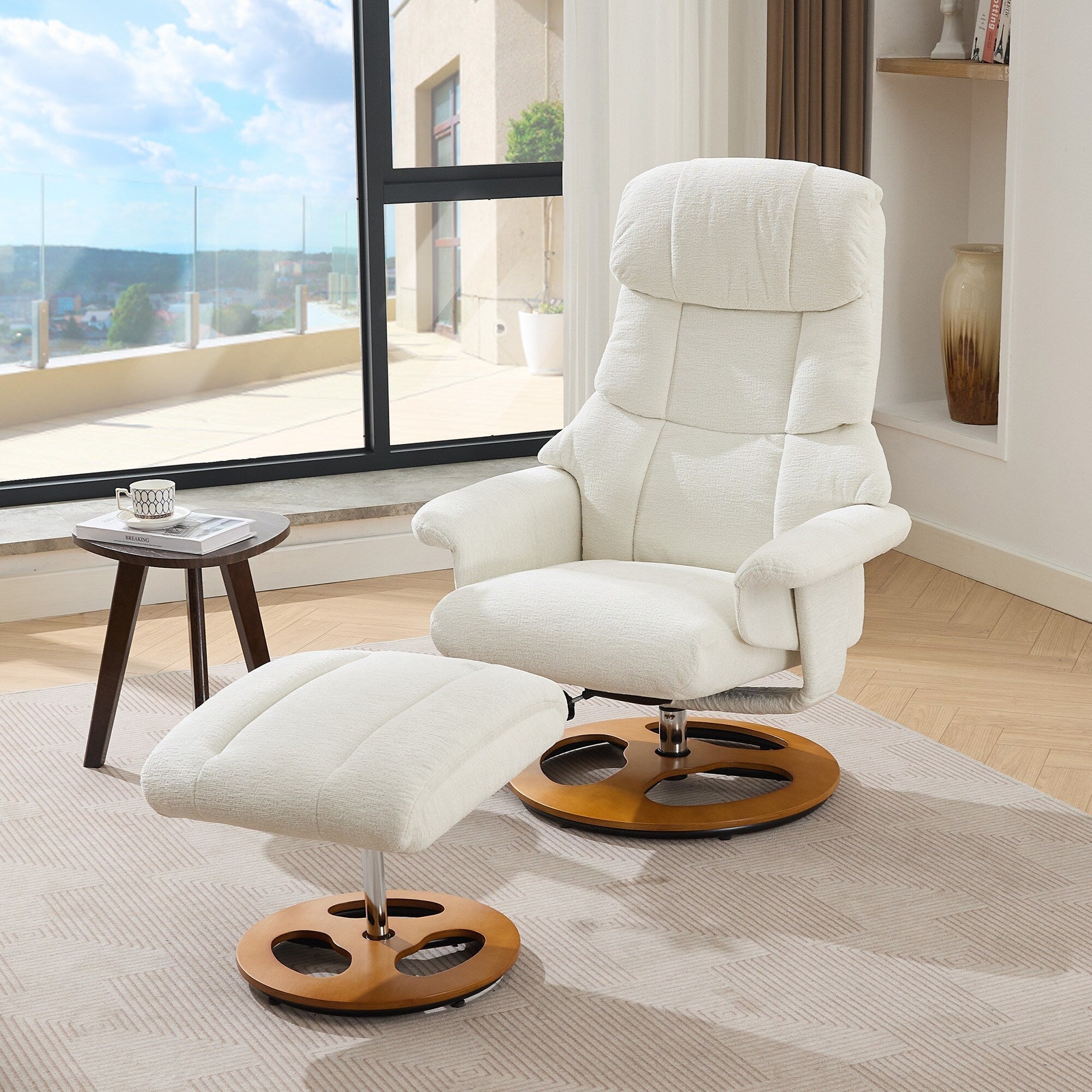 Fauteuil inclinable avec repose-pieds, pivotant à 360°, tissu chenille, siège chauffant et dossier réglable à 140°
