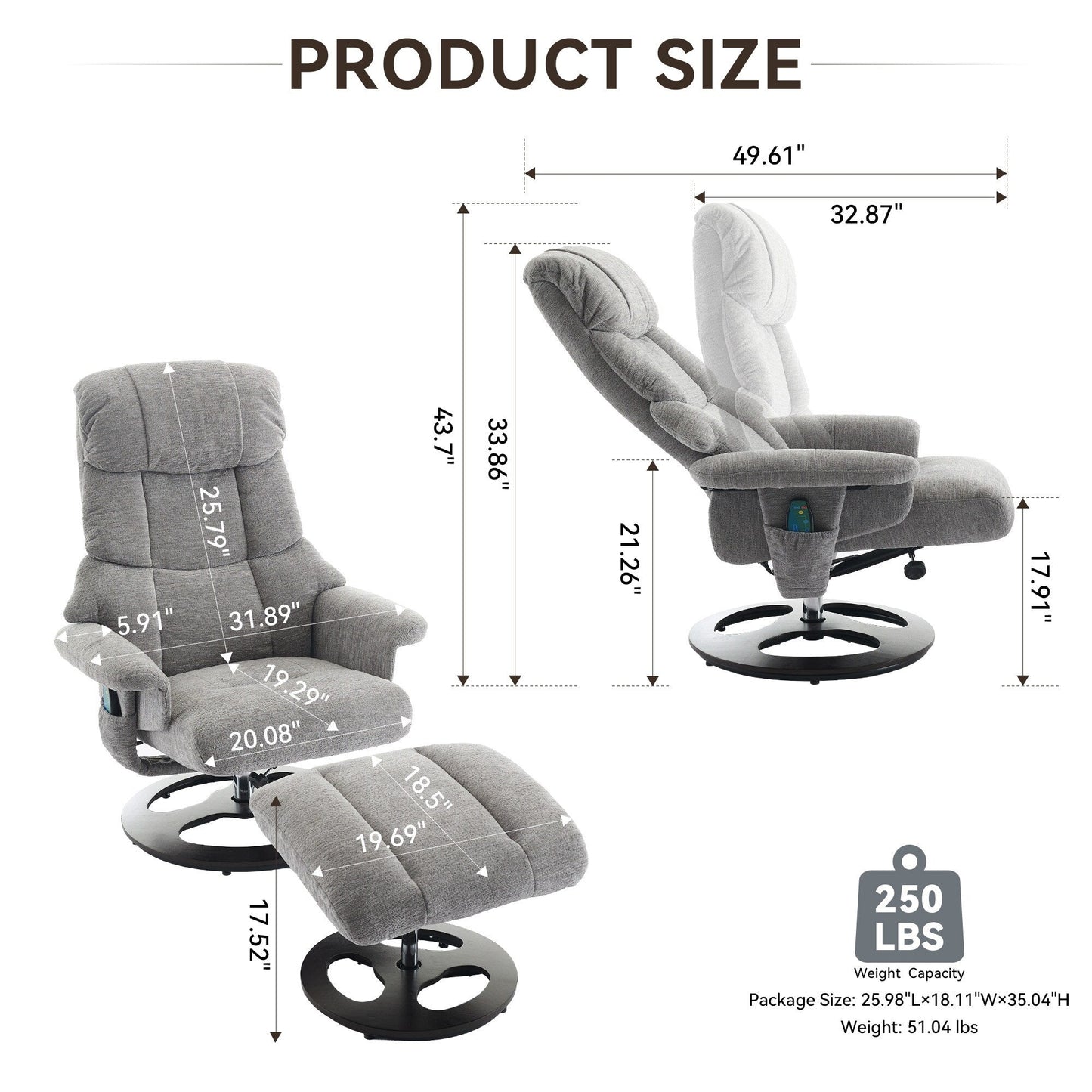 Fauteuil inclinable avec repose-pieds, fauteuil de salon pivotant à 360° moderne avec repose-pieds, tissu chenille, massage par vibrations à 5 points