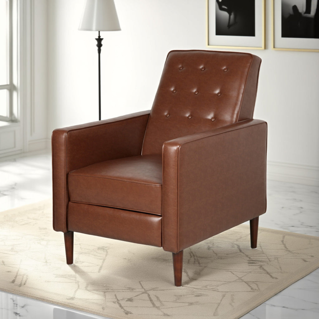 Fauteuil inclinable en bois de bouleau, capitonné marron, similicuir à coutures gaufrées
