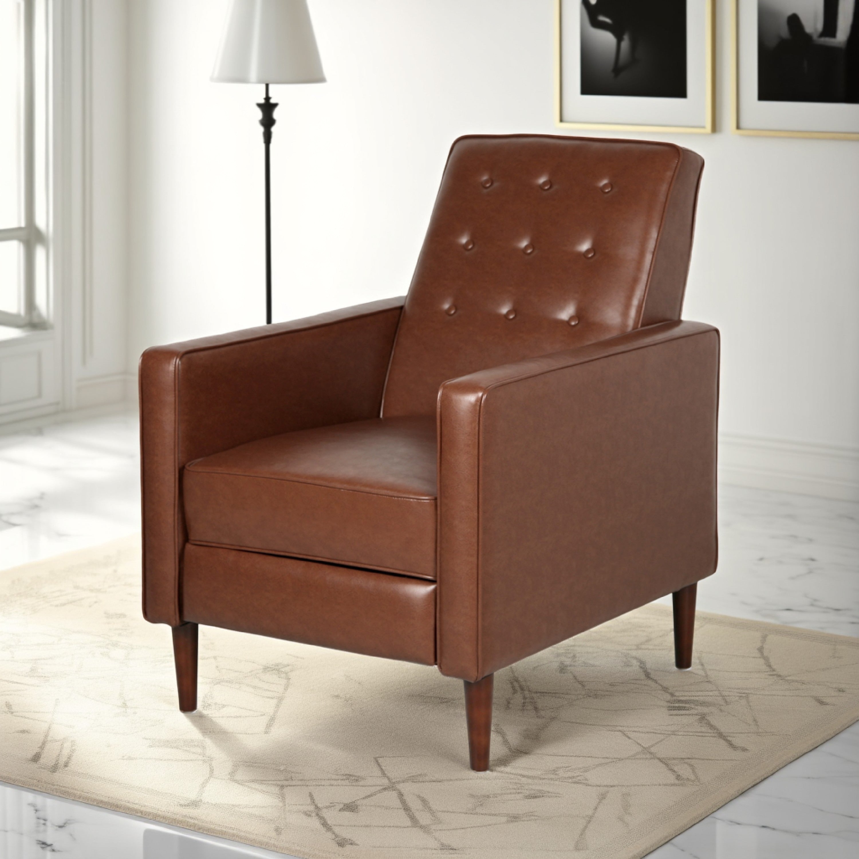 Fauteuil inclinable en bois de bouleau, capitonné marron, similicuir à coutures gaufrées