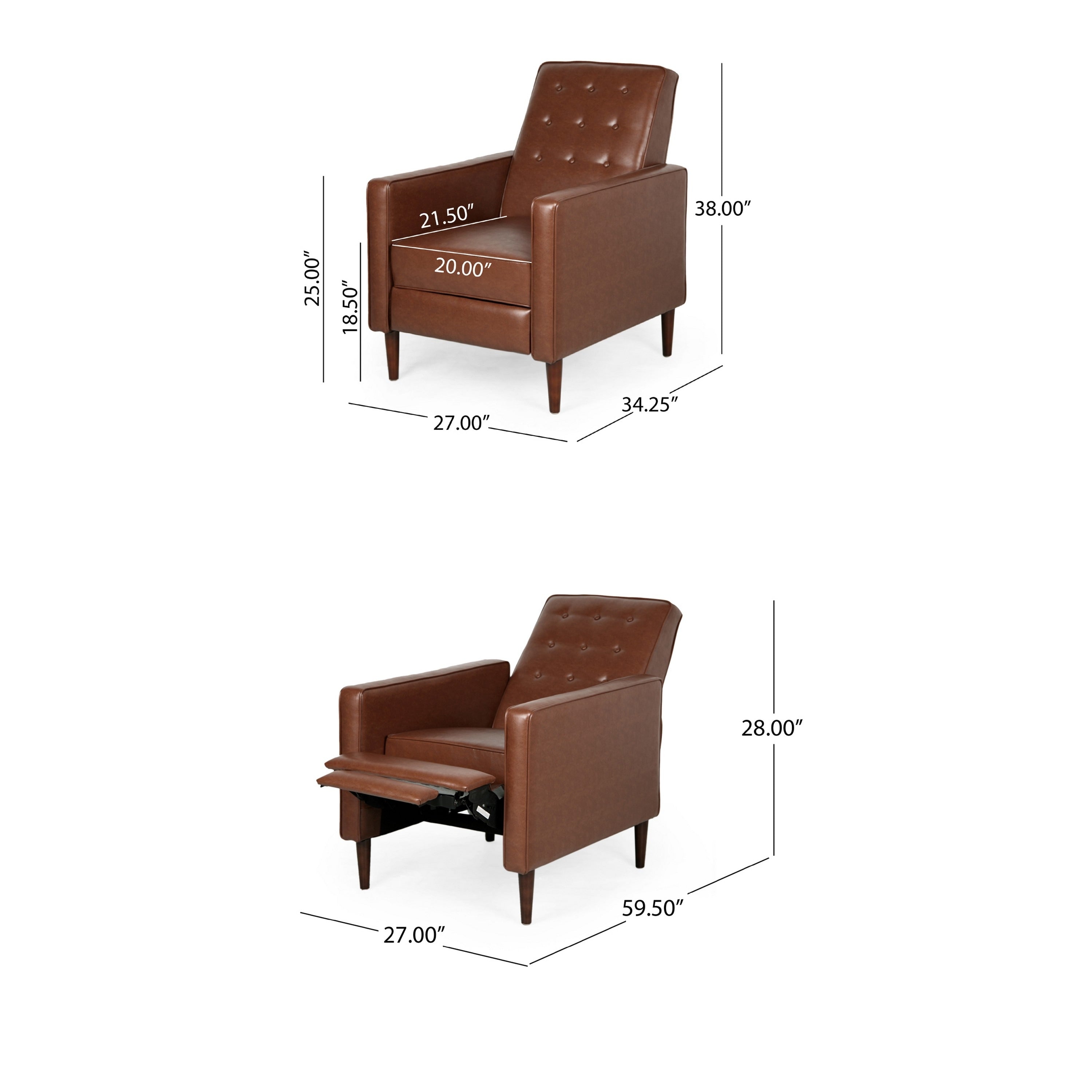 Fauteuil inclinable en bois de bouleau, capitonné marron, similicuir à coutures gaufrées