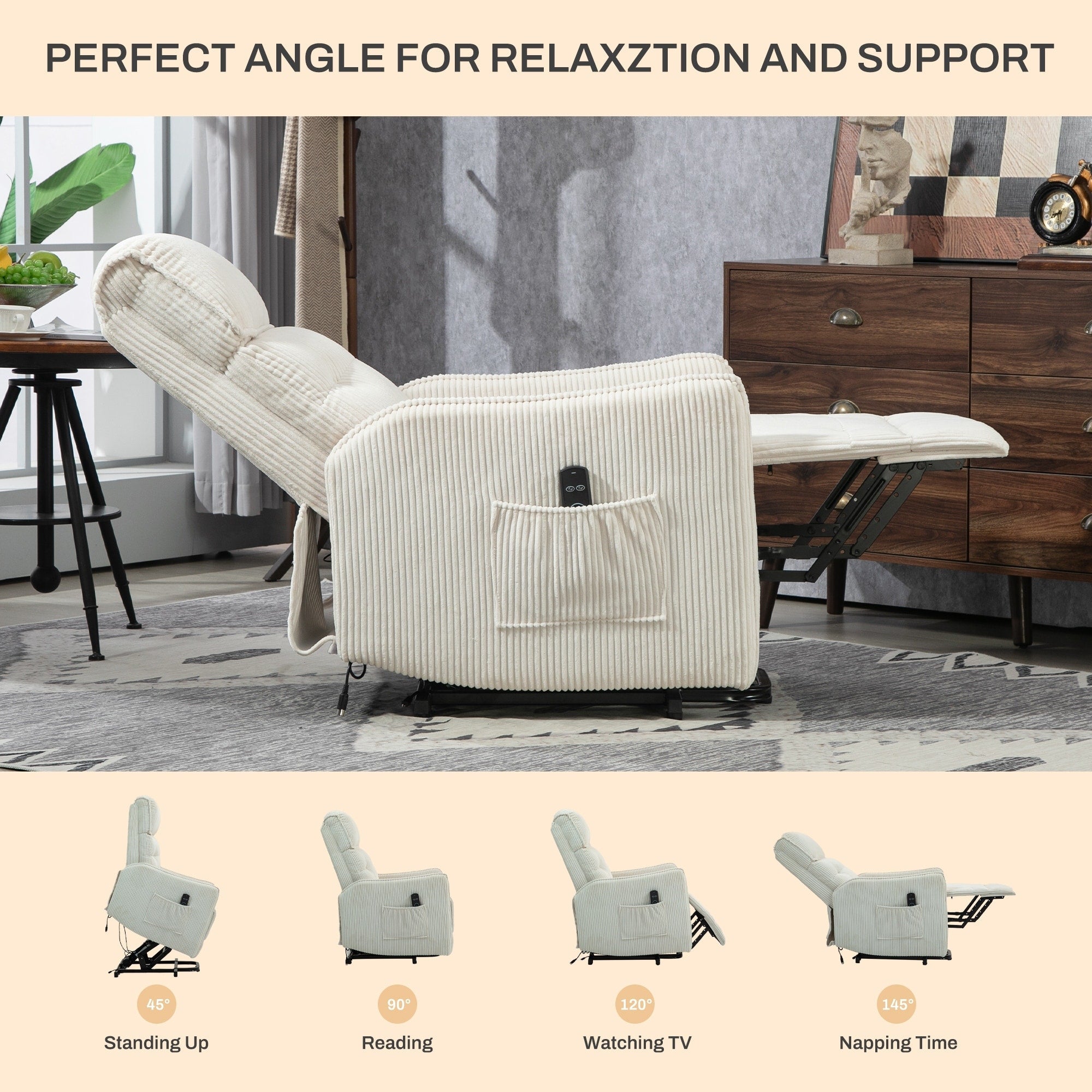 Fauteuil inclinable électrique pour adultes, avec coussin de siège à ressorts ensachés et poche latérale
