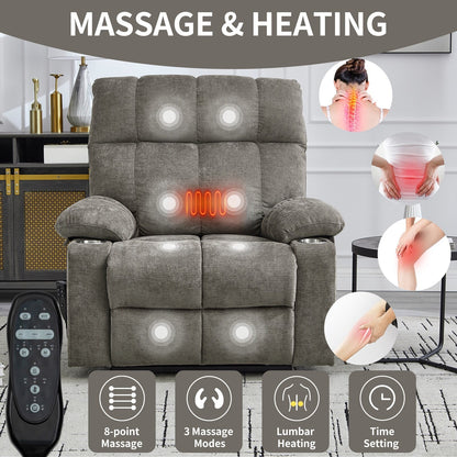 Fauteuil inclinable, mécanisme de mouvement robuste avec massage par vibration à 8 points et chauffage lombaire, deux porte-gobelets