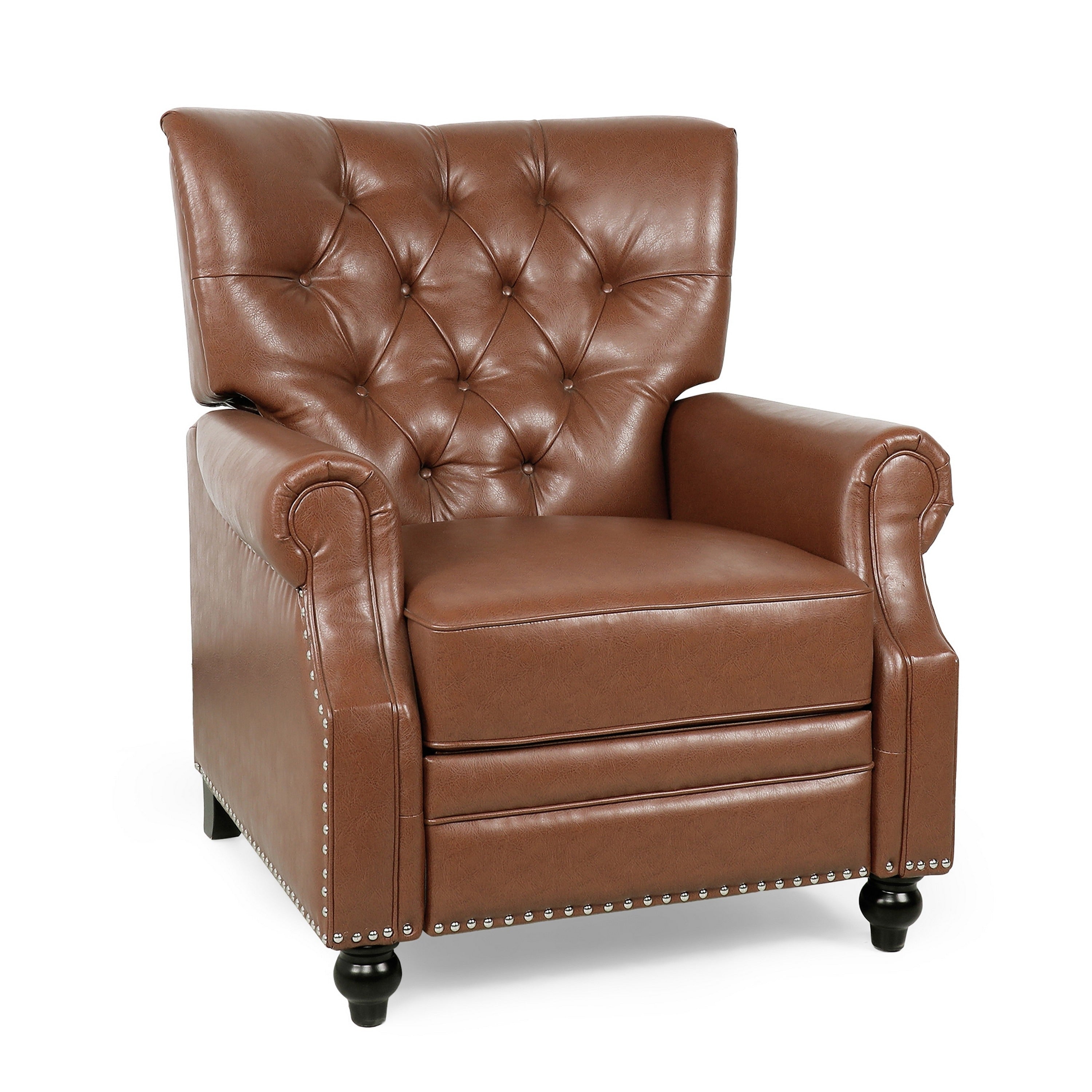 Fauteuil inclinable, pieds tournés, similicuir capitonné marron clair