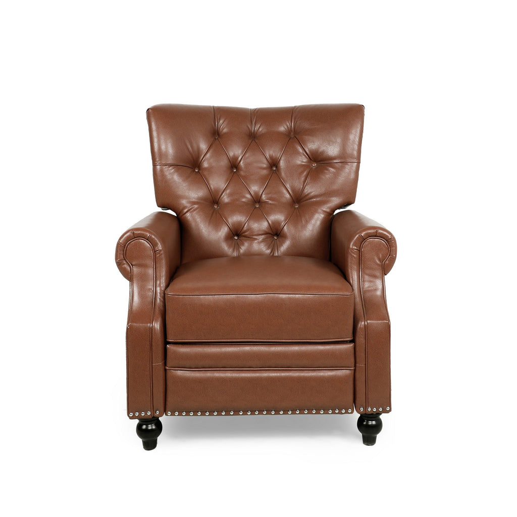 Fauteuil inclinable, pieds tournés, similicuir capitonné marron clair