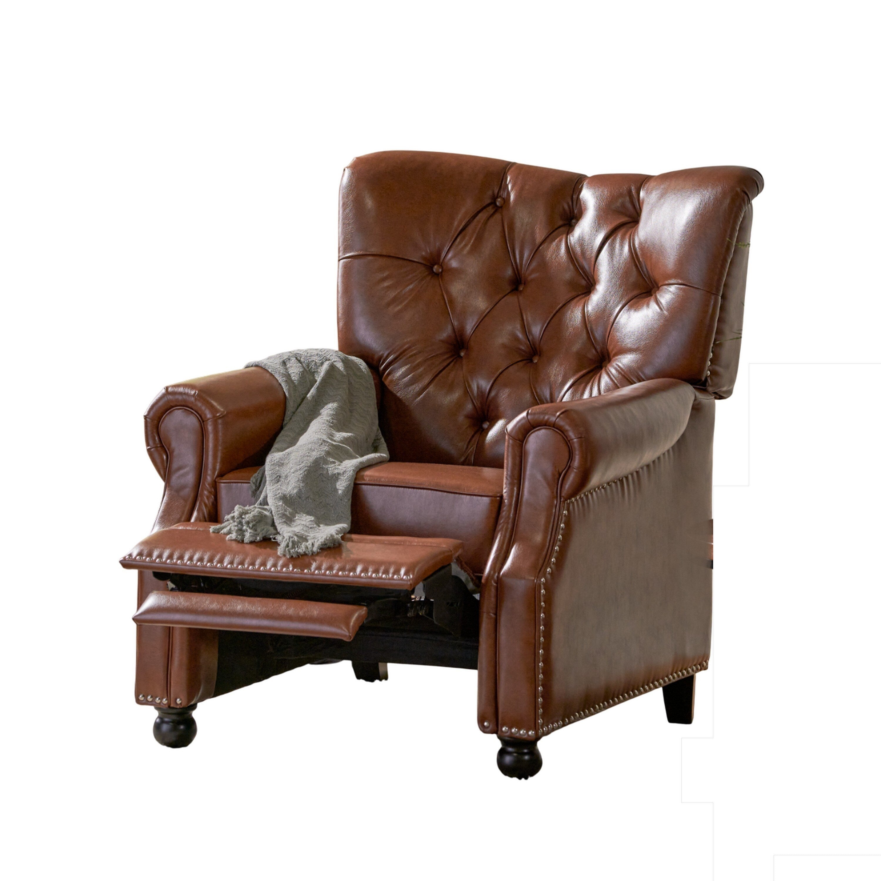 Fauteuil inclinable, pieds tournés, similicuir capitonné marron clair