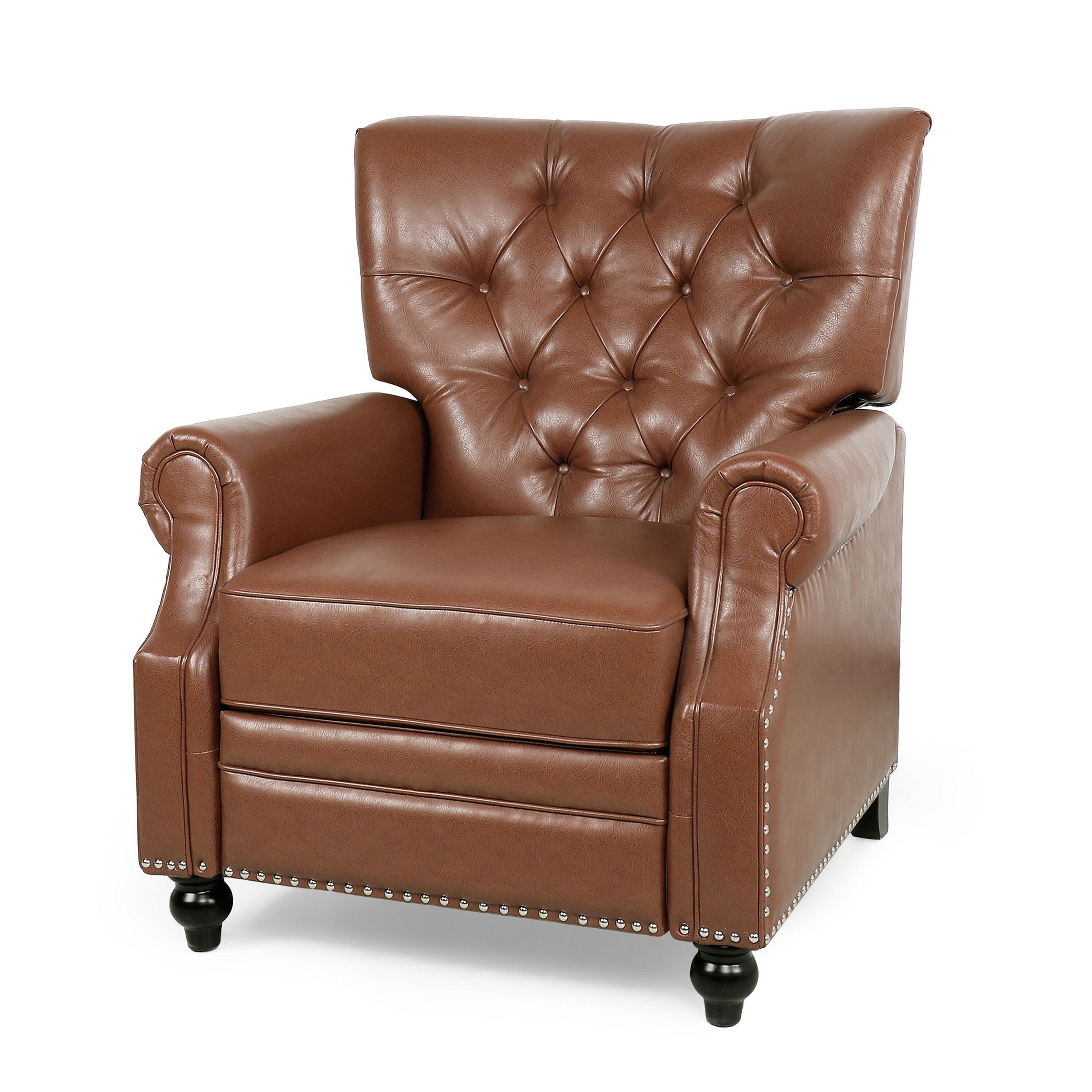 Fauteuil inclinable, pieds tournés, similicuir capitonné marron clair